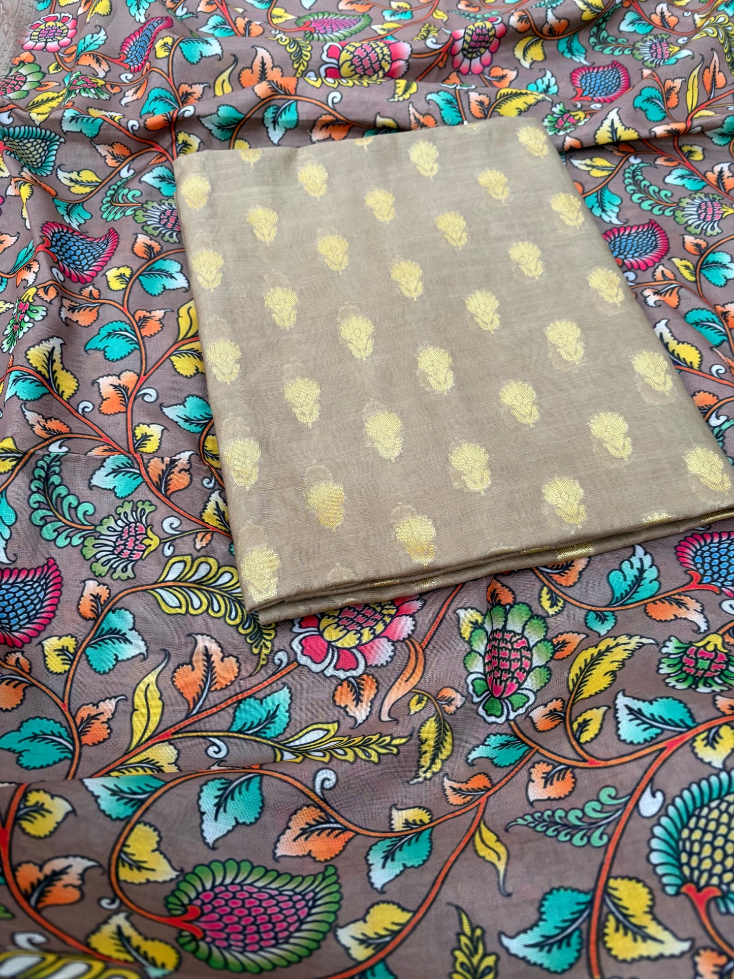 Beige cotton suit with digital printed dupatta