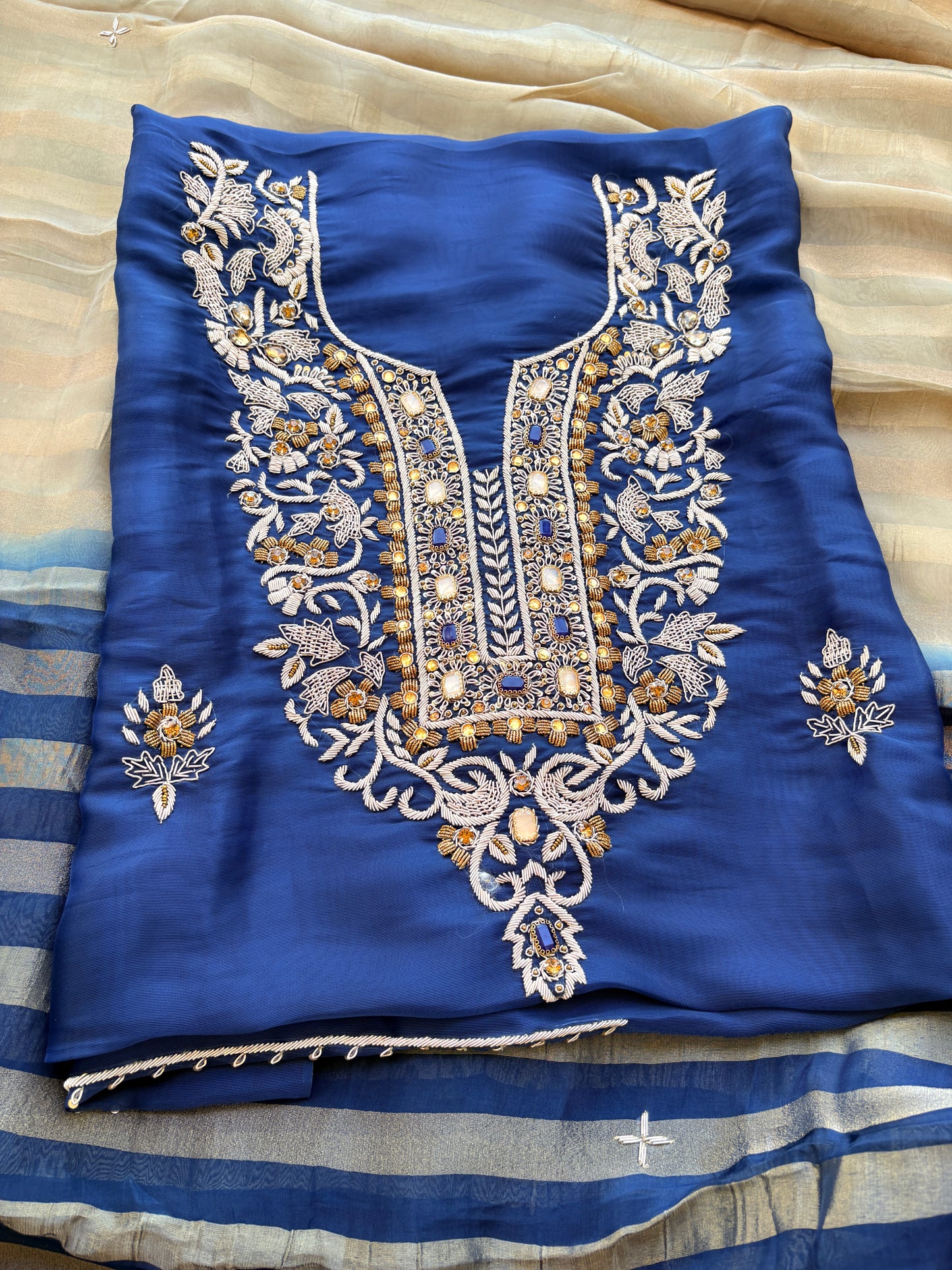 Blue tissue handwork suit with tissue dupatta