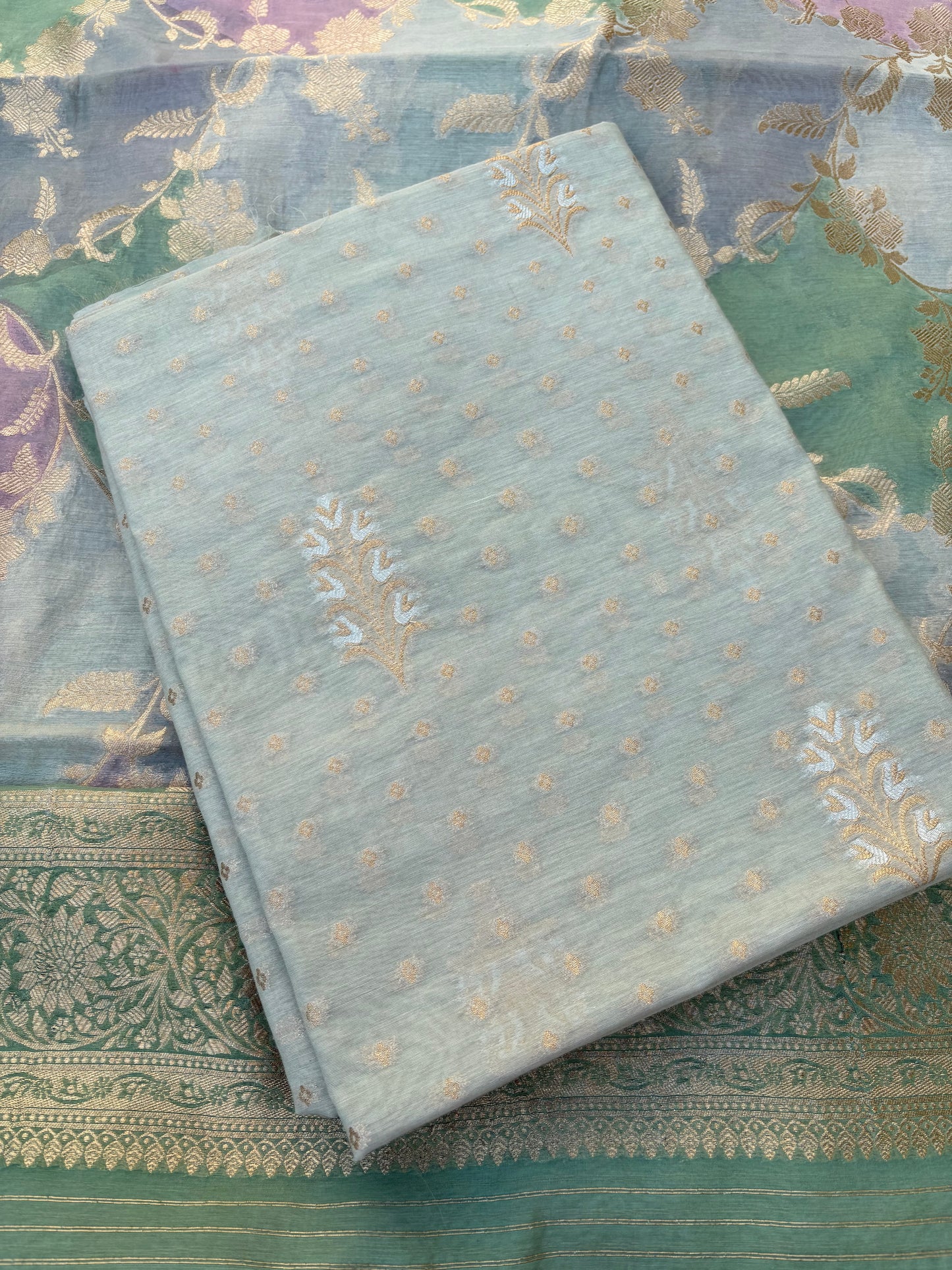Turq Chanderi kurta, rangkat dupatta , plain bottom