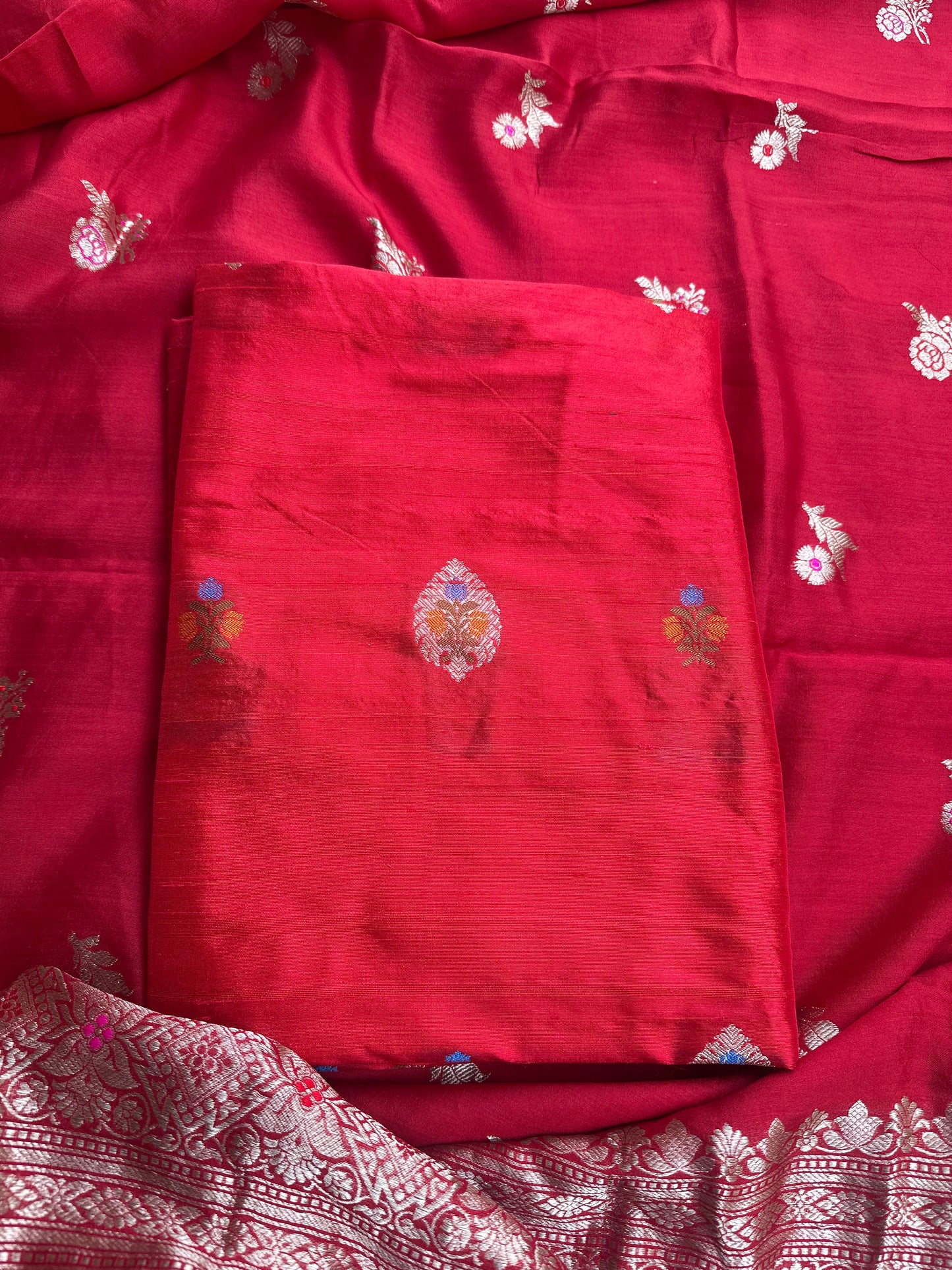 Red raw silk meenadar kurta, chiniya silk dupatta, plain raw silk bottom.