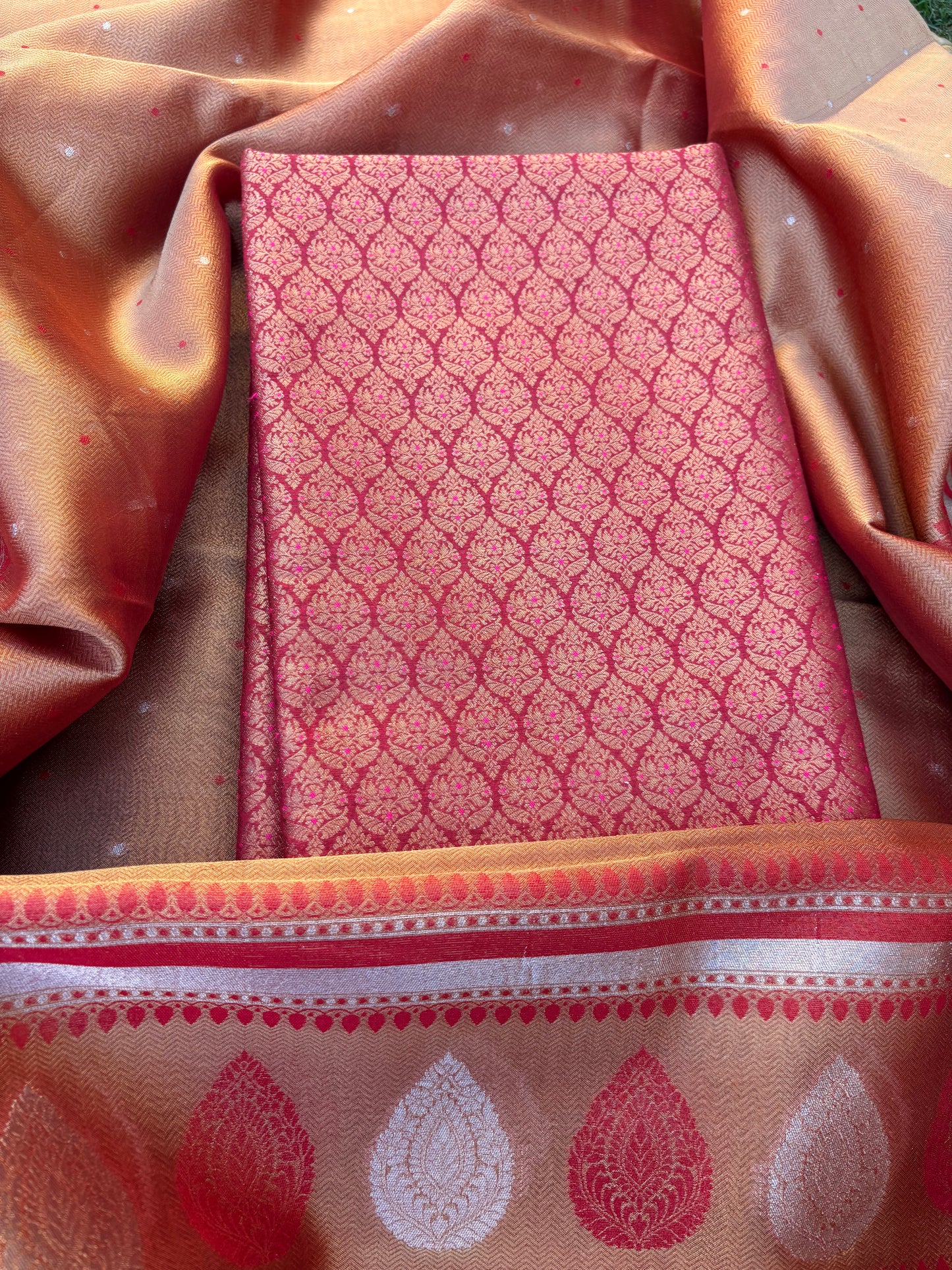 Maroon brocade cotton tissue suit set