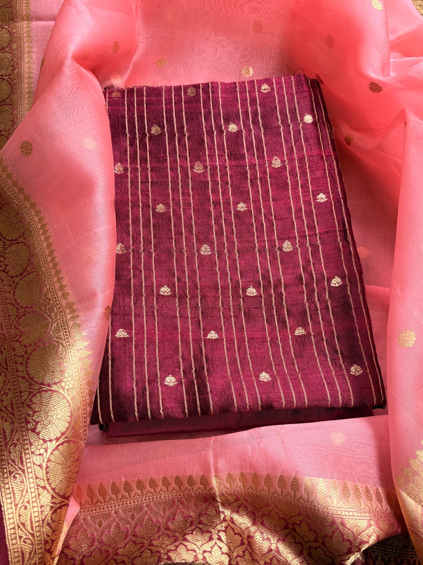 Wine raw silk kadhwa with kora kadhwa dupatta