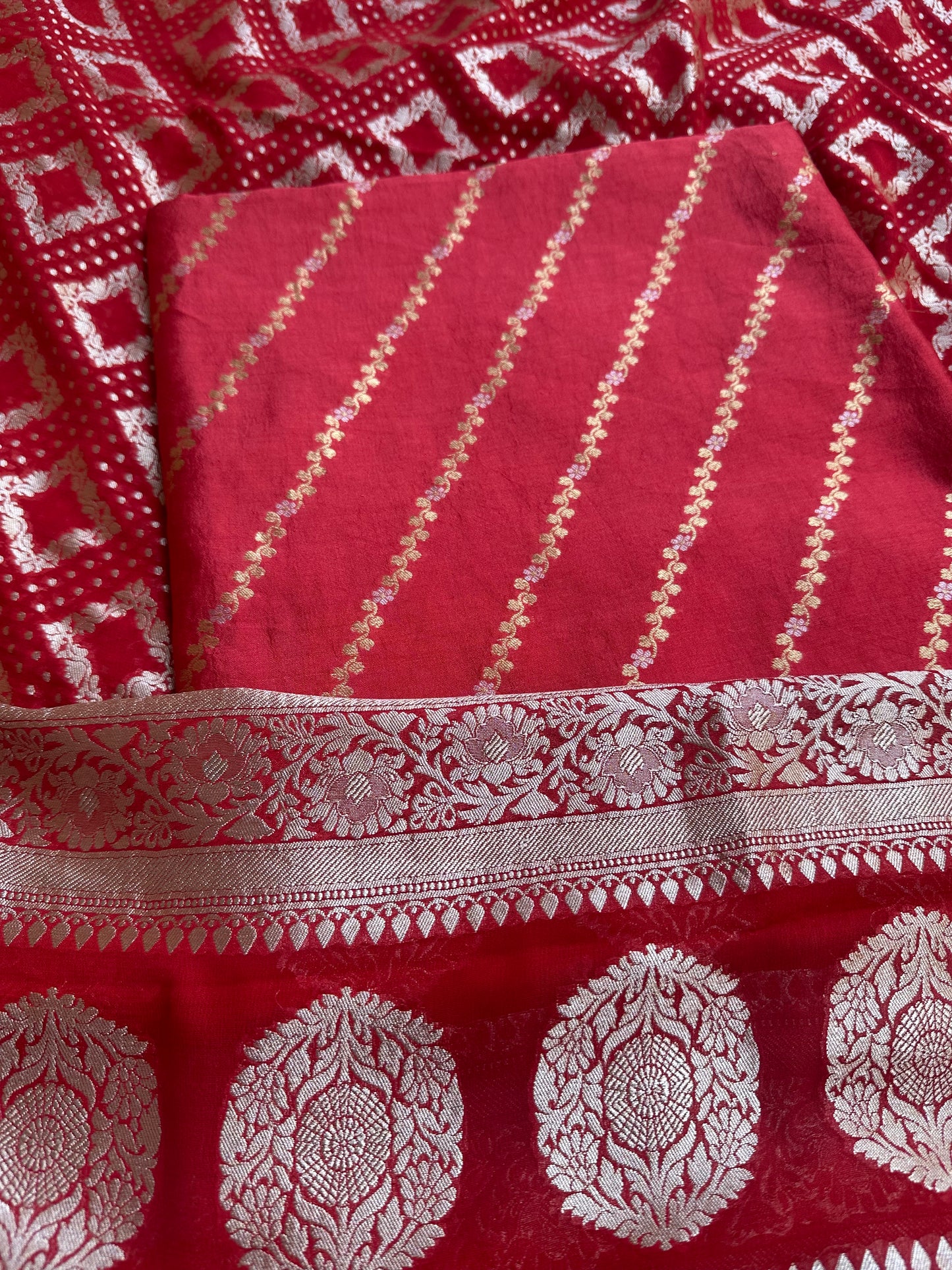 Red chiniya silk kurta, khaddi georgette dupatta, plain silk bottom