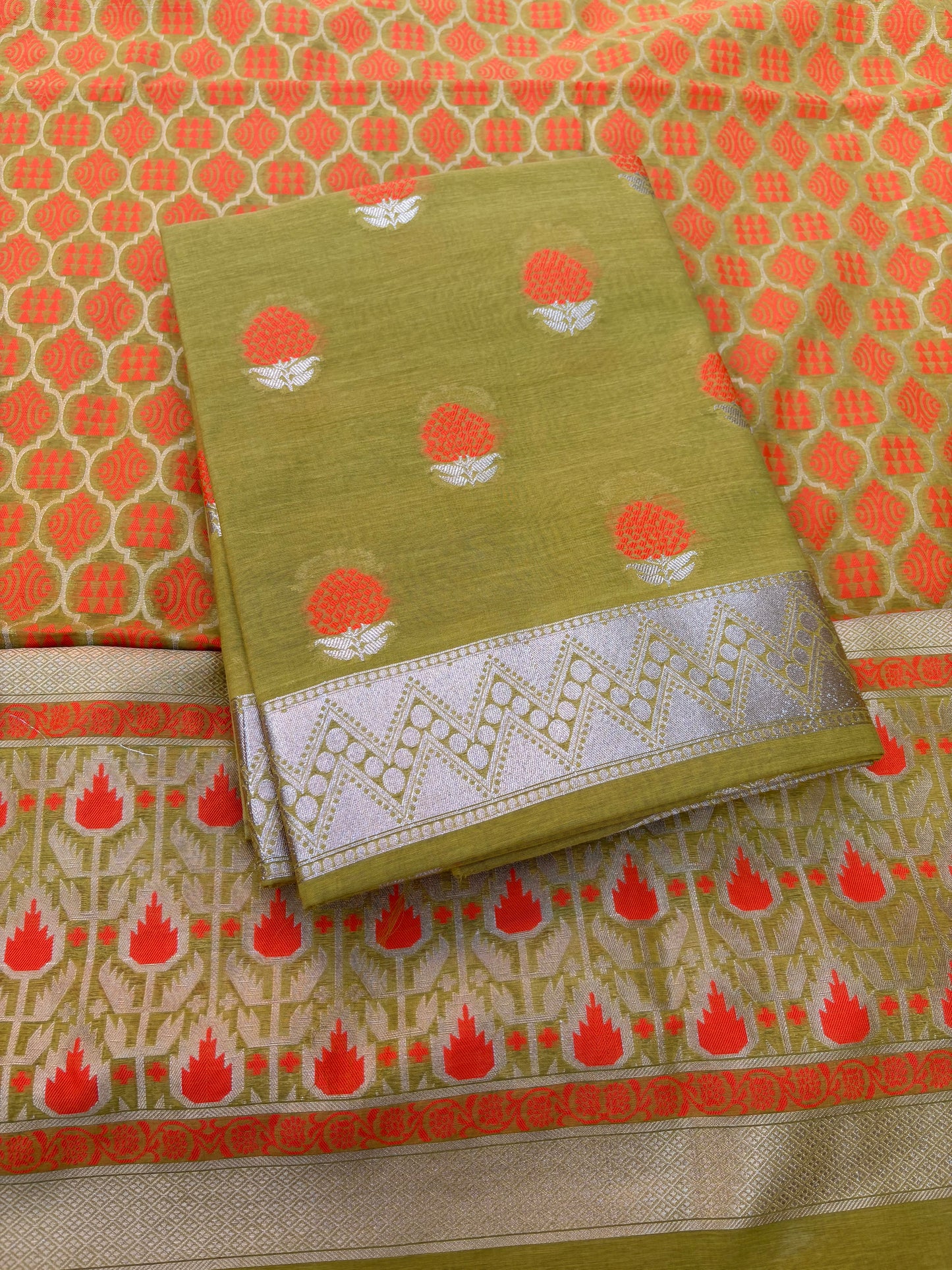Lime green orange Meenakari 3 piece suit set