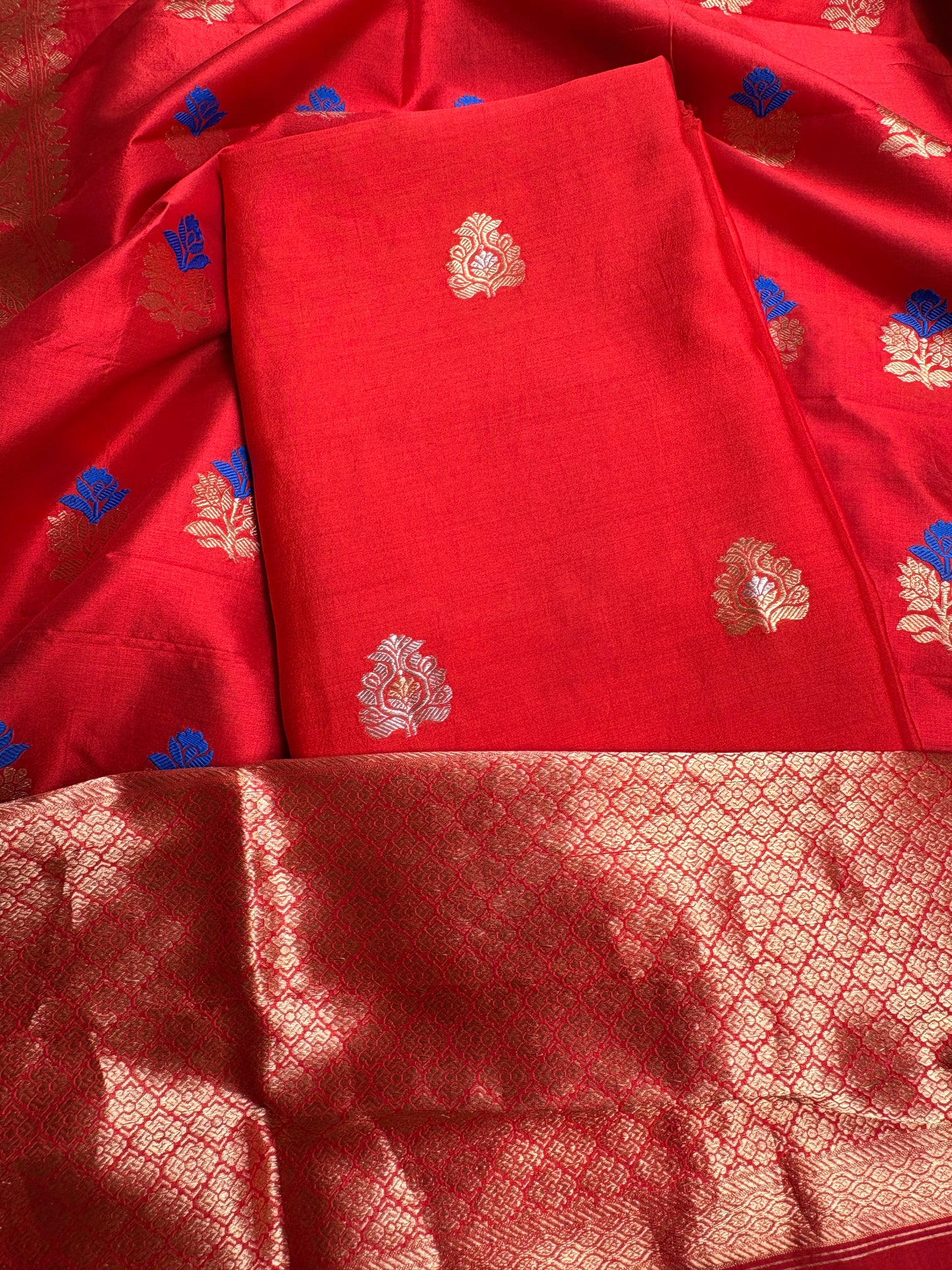 Red pure katan silk kadhwa suit set