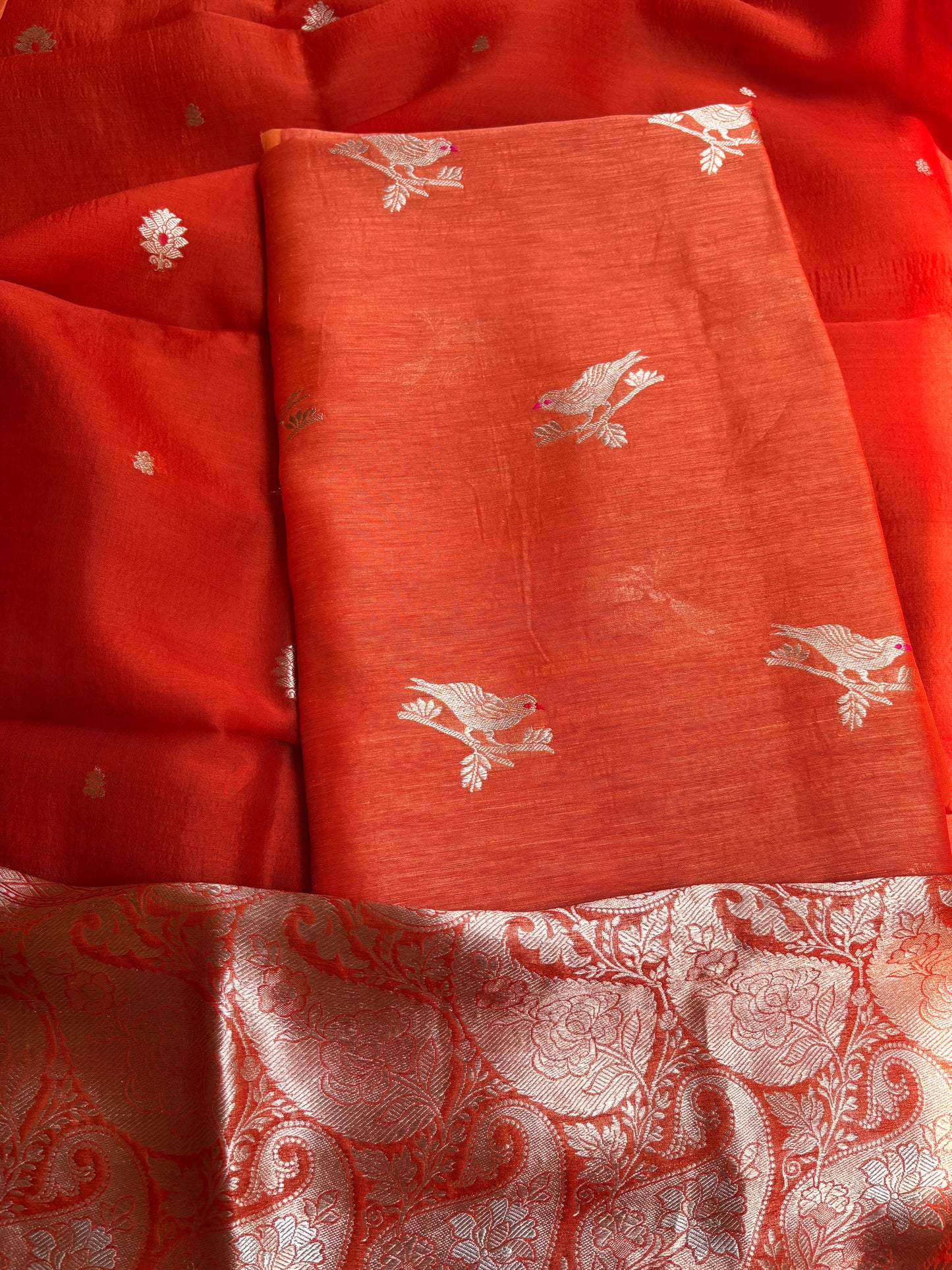 Orange linen silk kurta, bottom , kora silk dupatta
