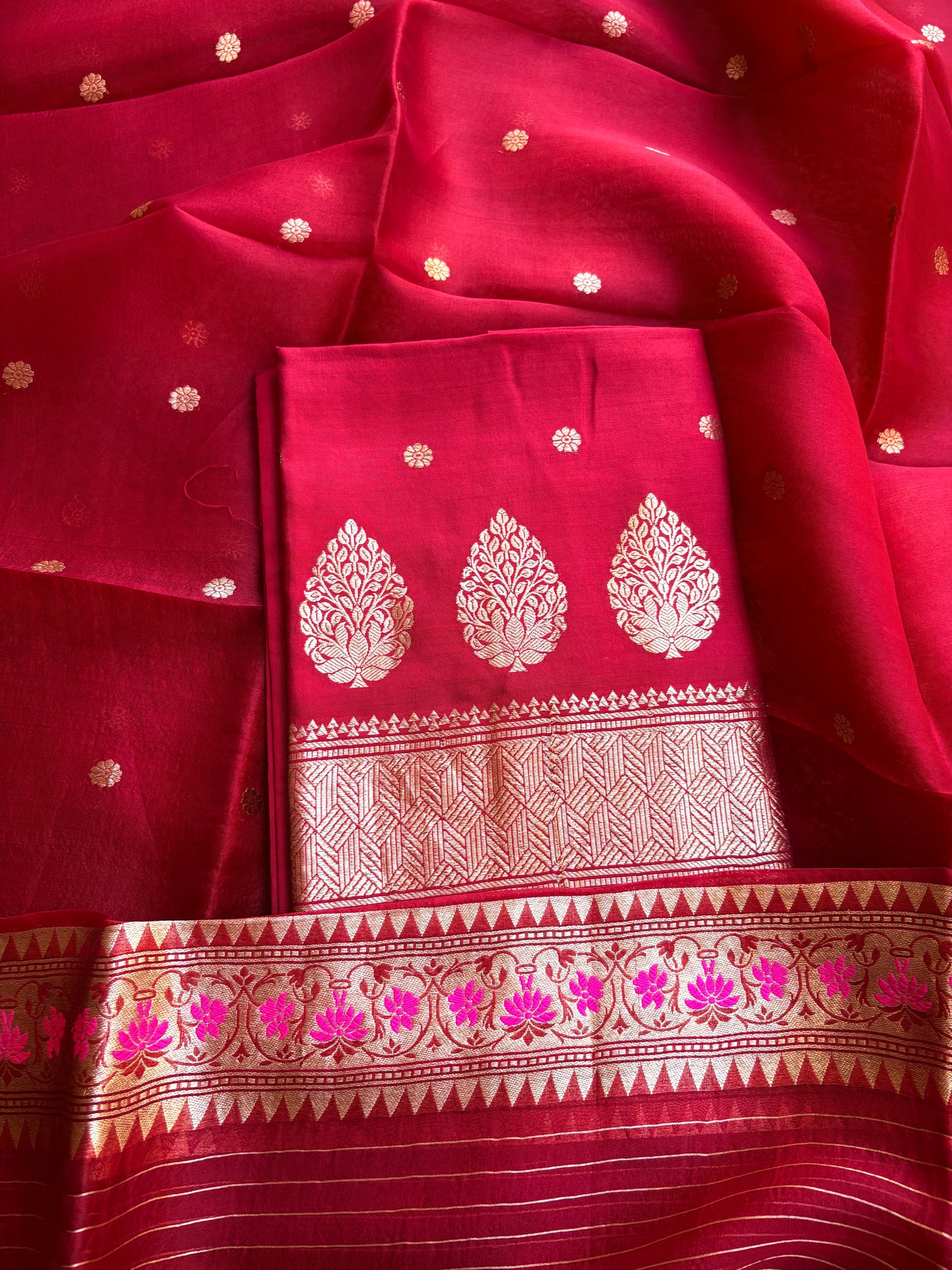 Red Chiniya silk kora paithani border suit set