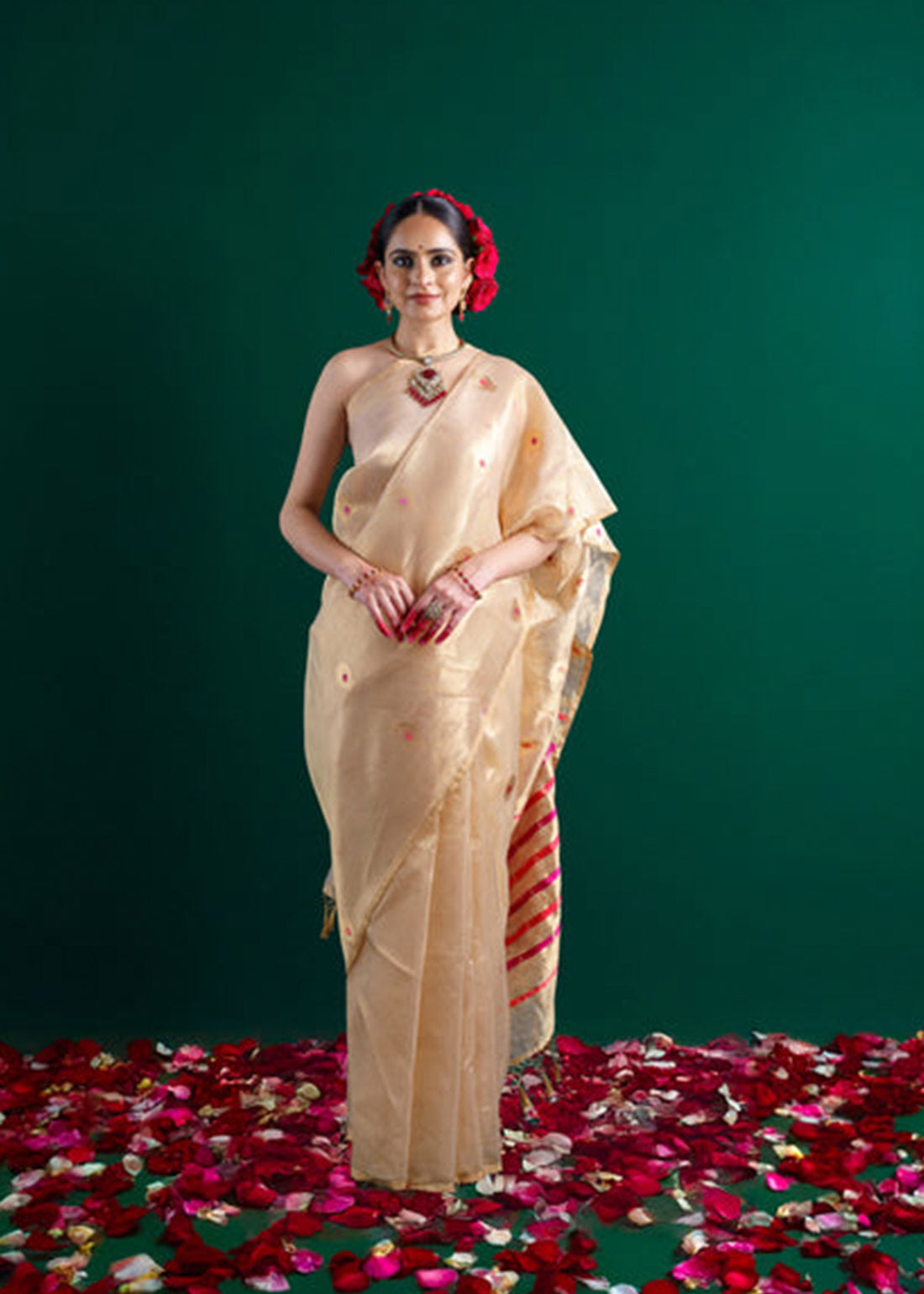 Beige pure meendar kadhwa tissue saree.