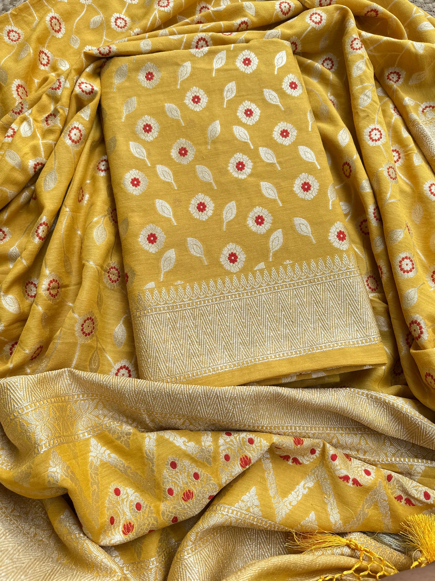 Yellow meenadar moonga silk 3 piece suit set