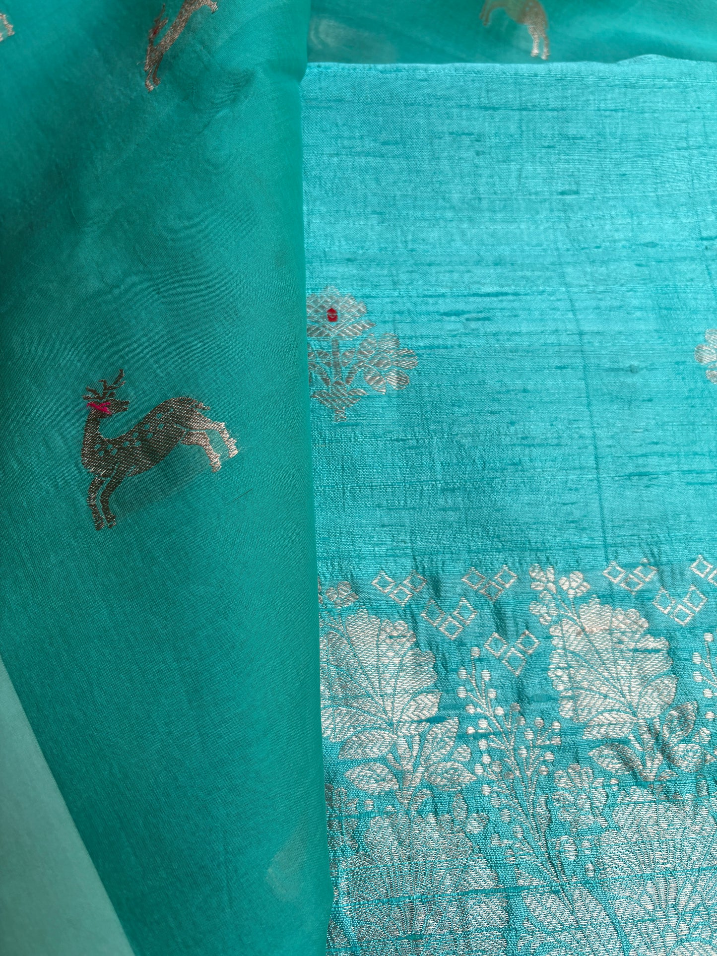 Blue raw silk Kurta, bottom , Kora silk deer motif dupatta