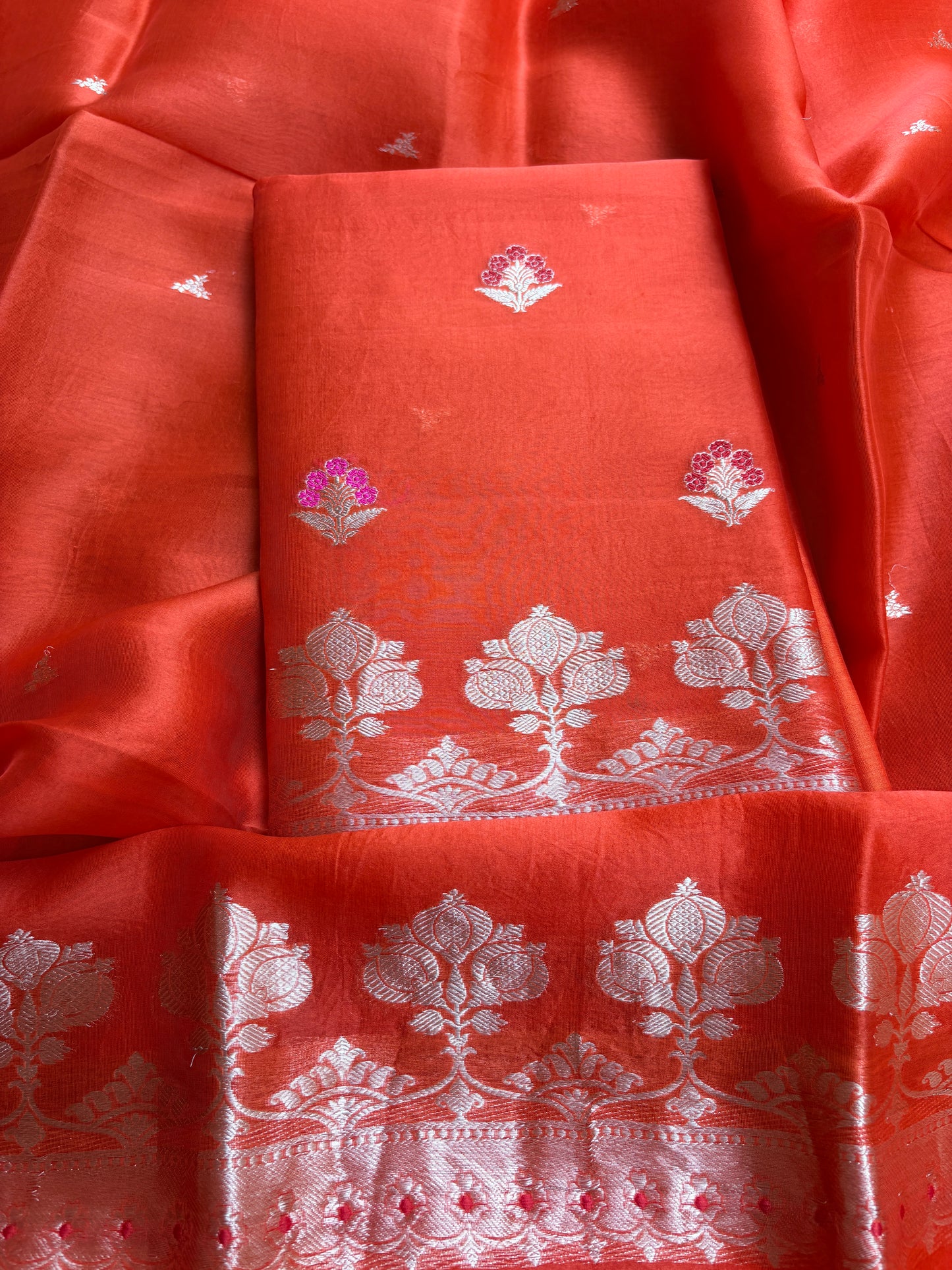 Orange kora kadhwa silk suit set