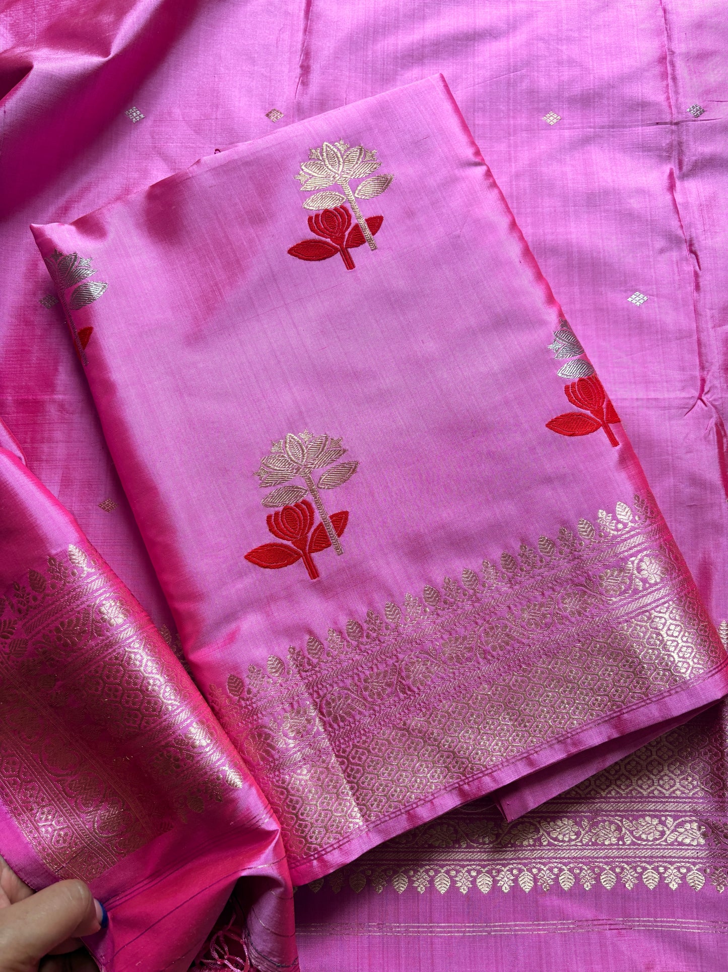 Pink katan by katan silk kadhwa 3 piece suit set