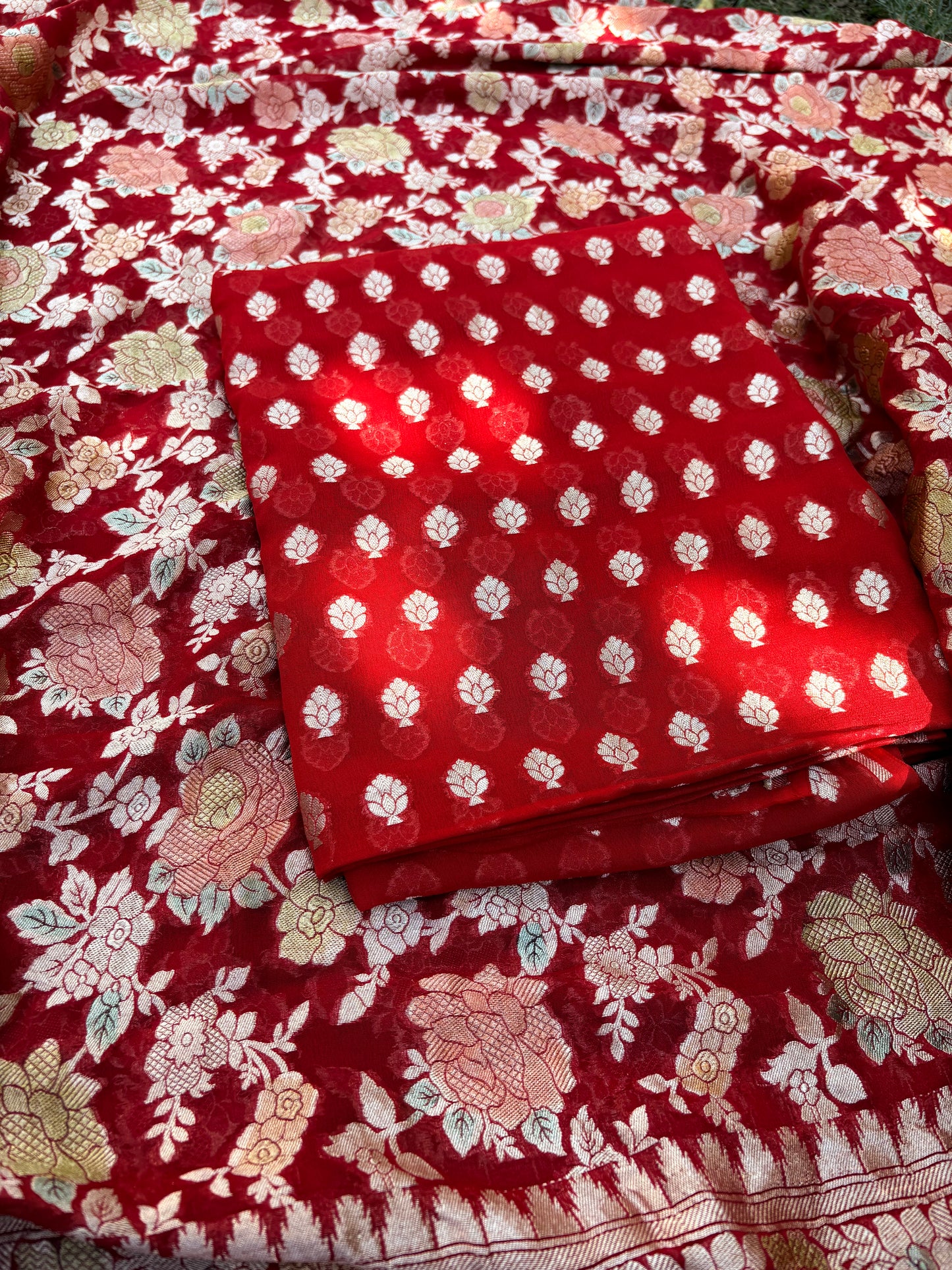 Red Khaddi georgette, hand brushed dupatta, plain bottom
