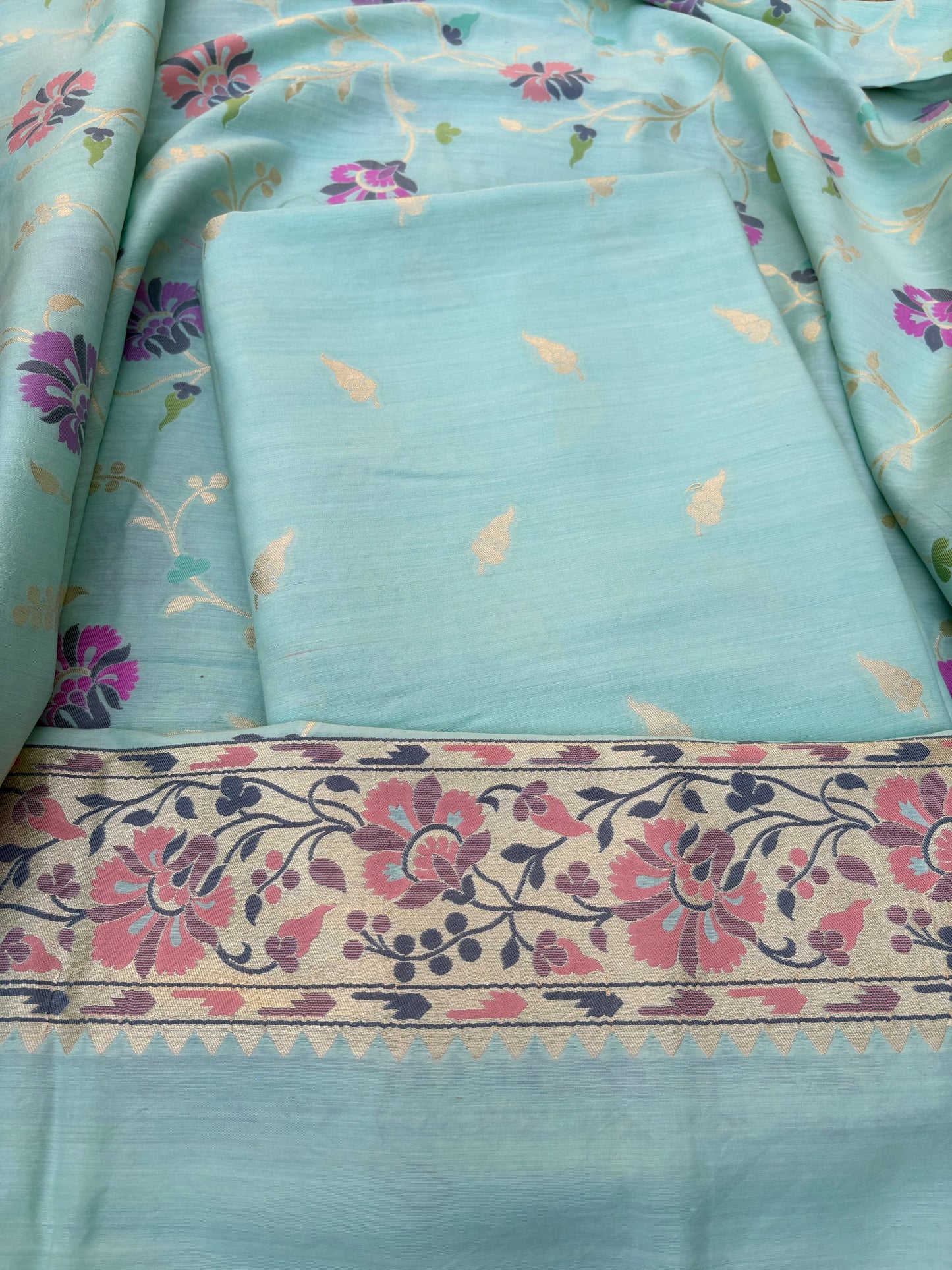 Turq moonga silk tilfi weaving kurta, jaal meenadar dupatta, plain bottom