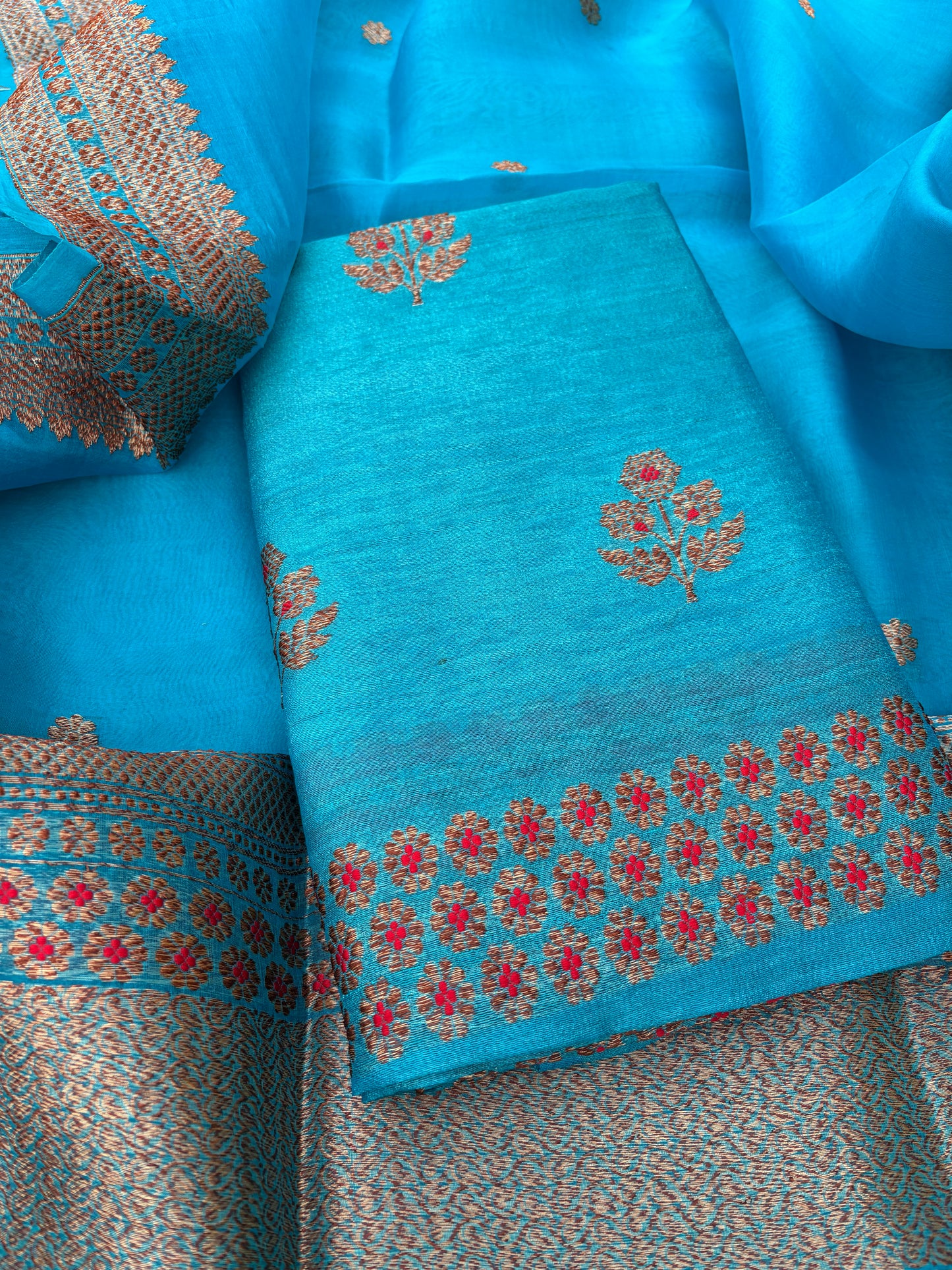 Warm blue raw silk tussar kadhwa suit, kora silk dupatta