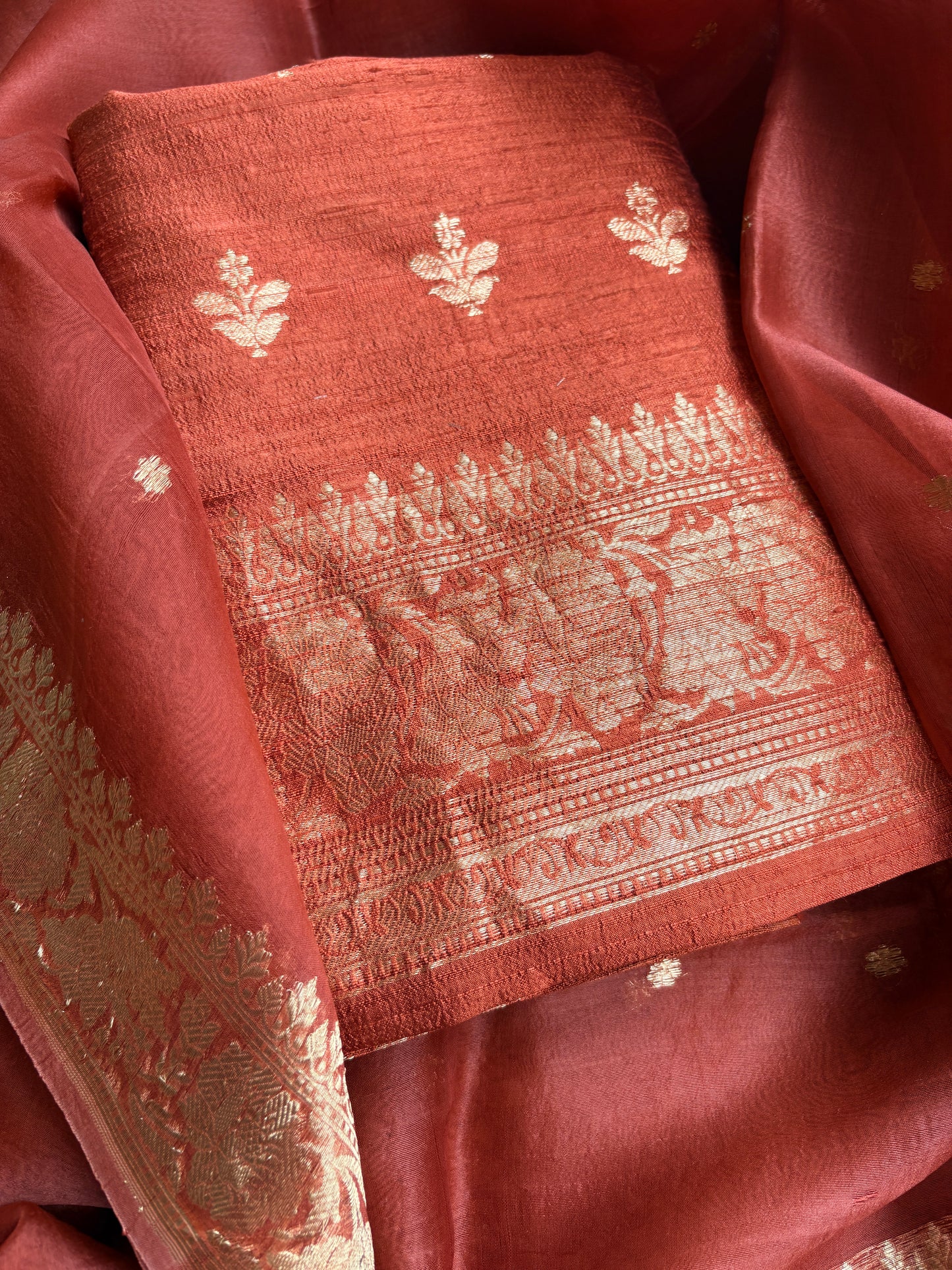 Rust raw silk kurta, bottom and kora kadhwa dupatta