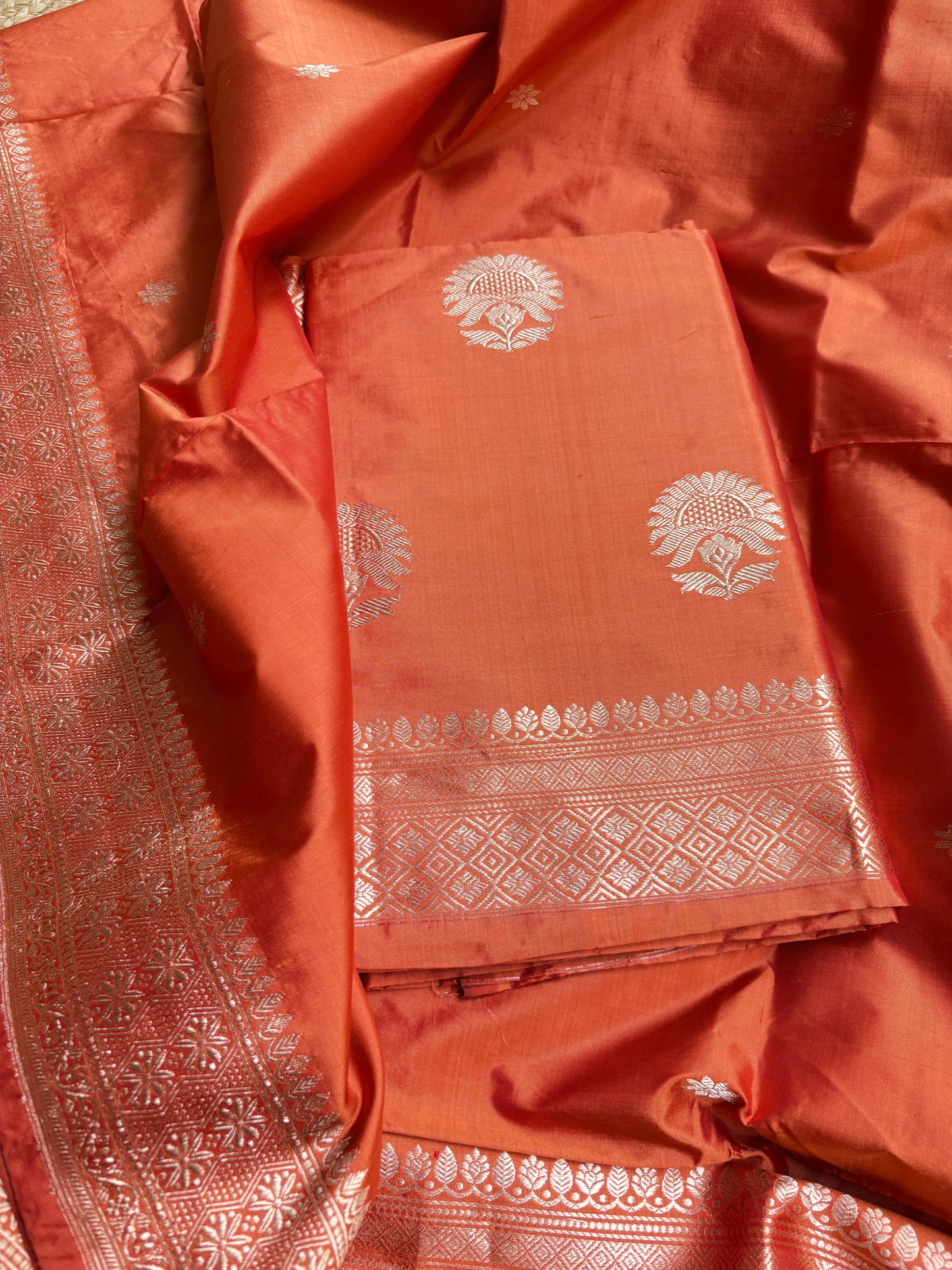 Orange katan by katan silk kadhwa suit set