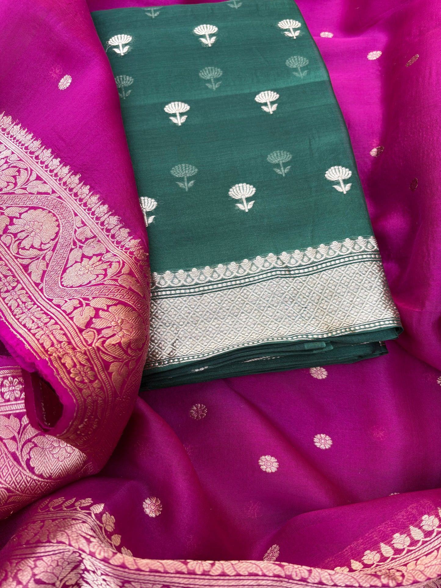 Green kora kadhwa kurta, magenta dupatta, silk bottom