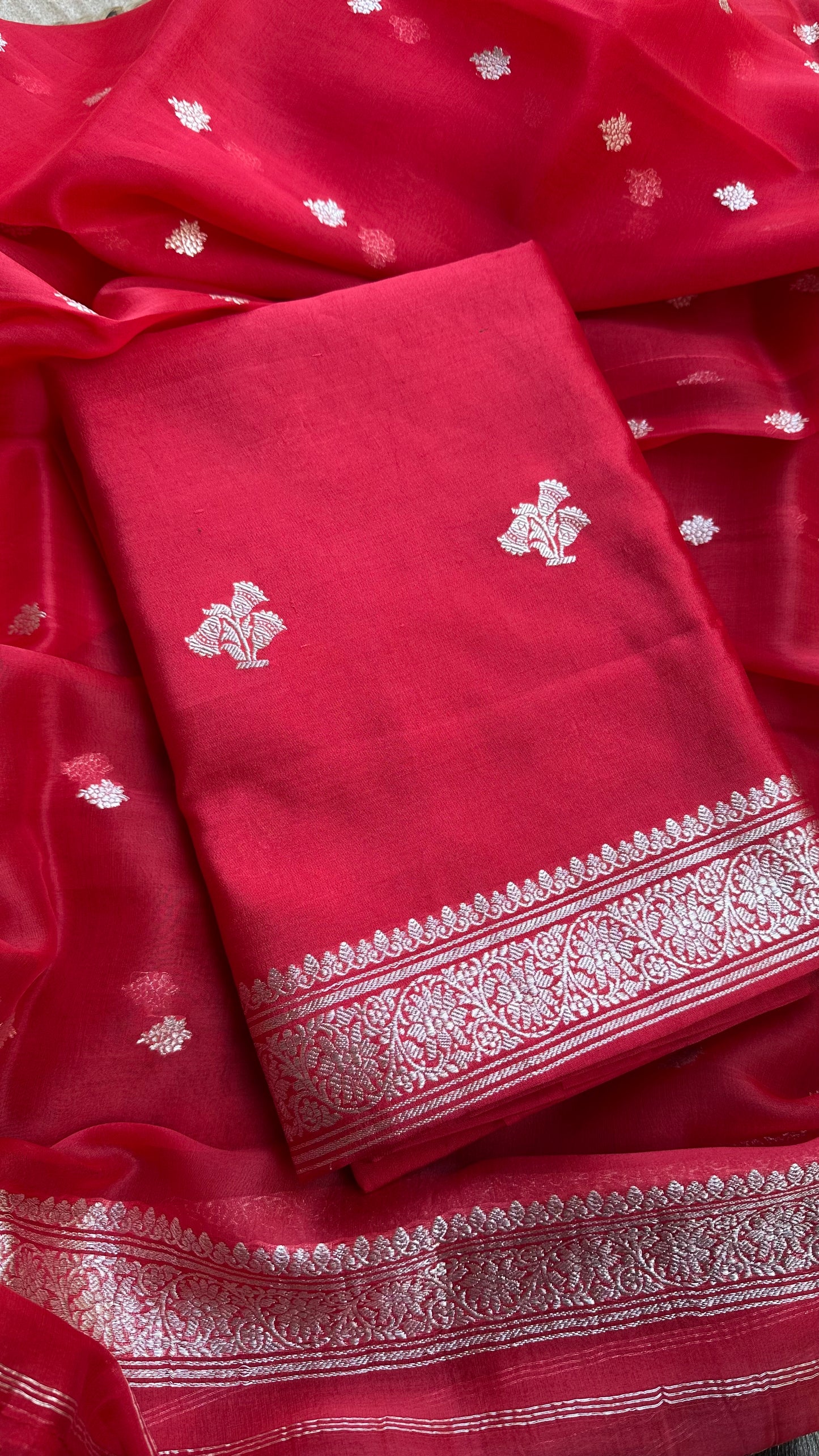 Red pure silver zari kurta, kora silver zari dupatta, plain bottom
