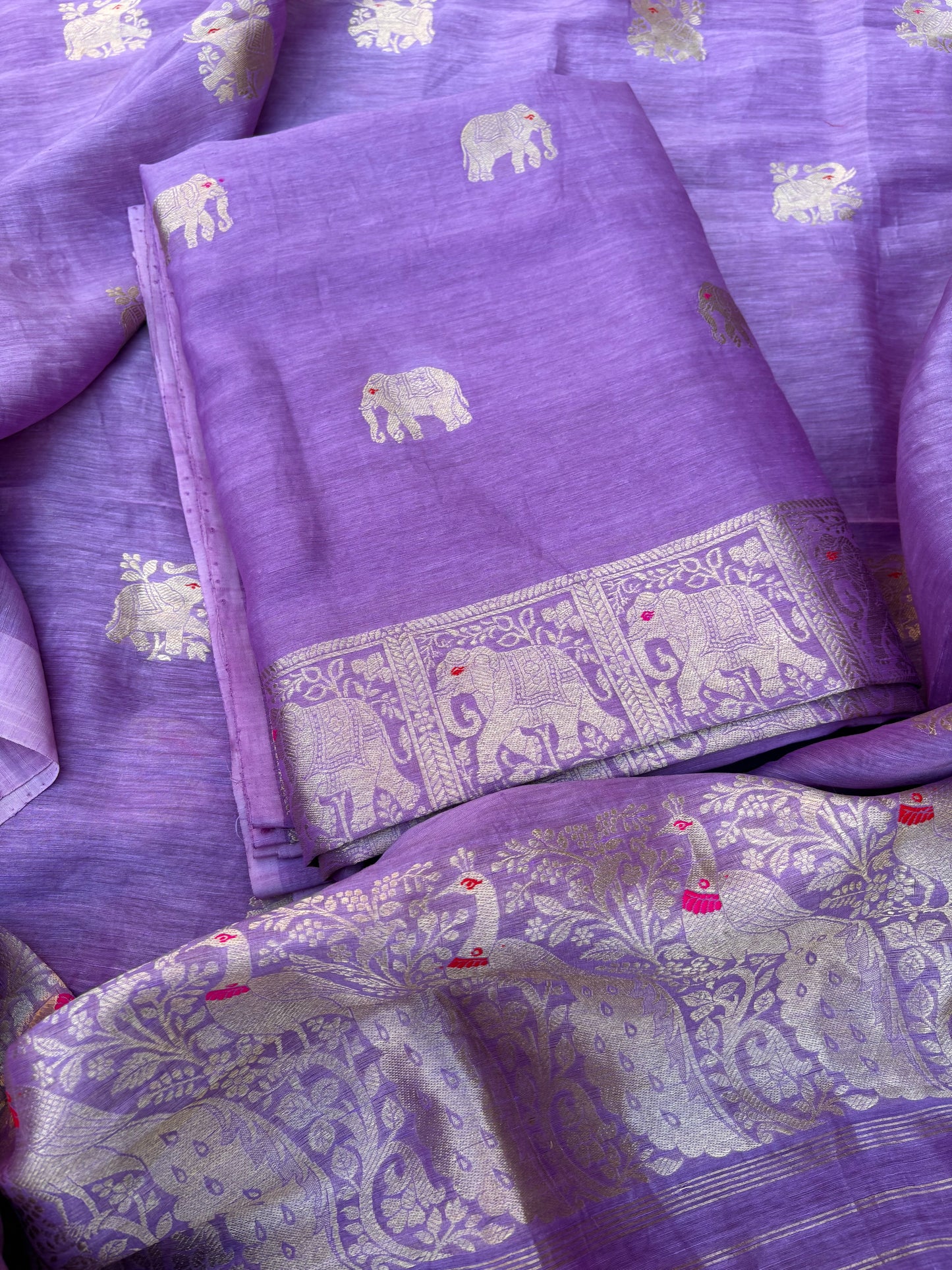 Lavender Linen silk elephant Motif kadhwa suit set
