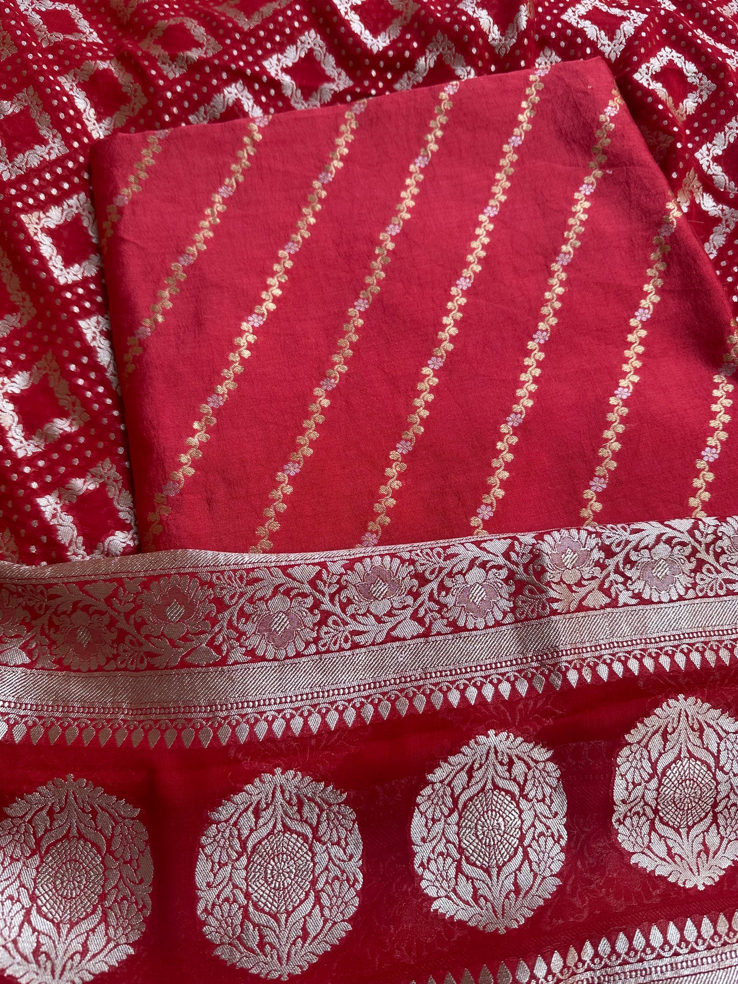 Red chiniya silk kurta, khaddi georgette dupatta, plain silk bottom