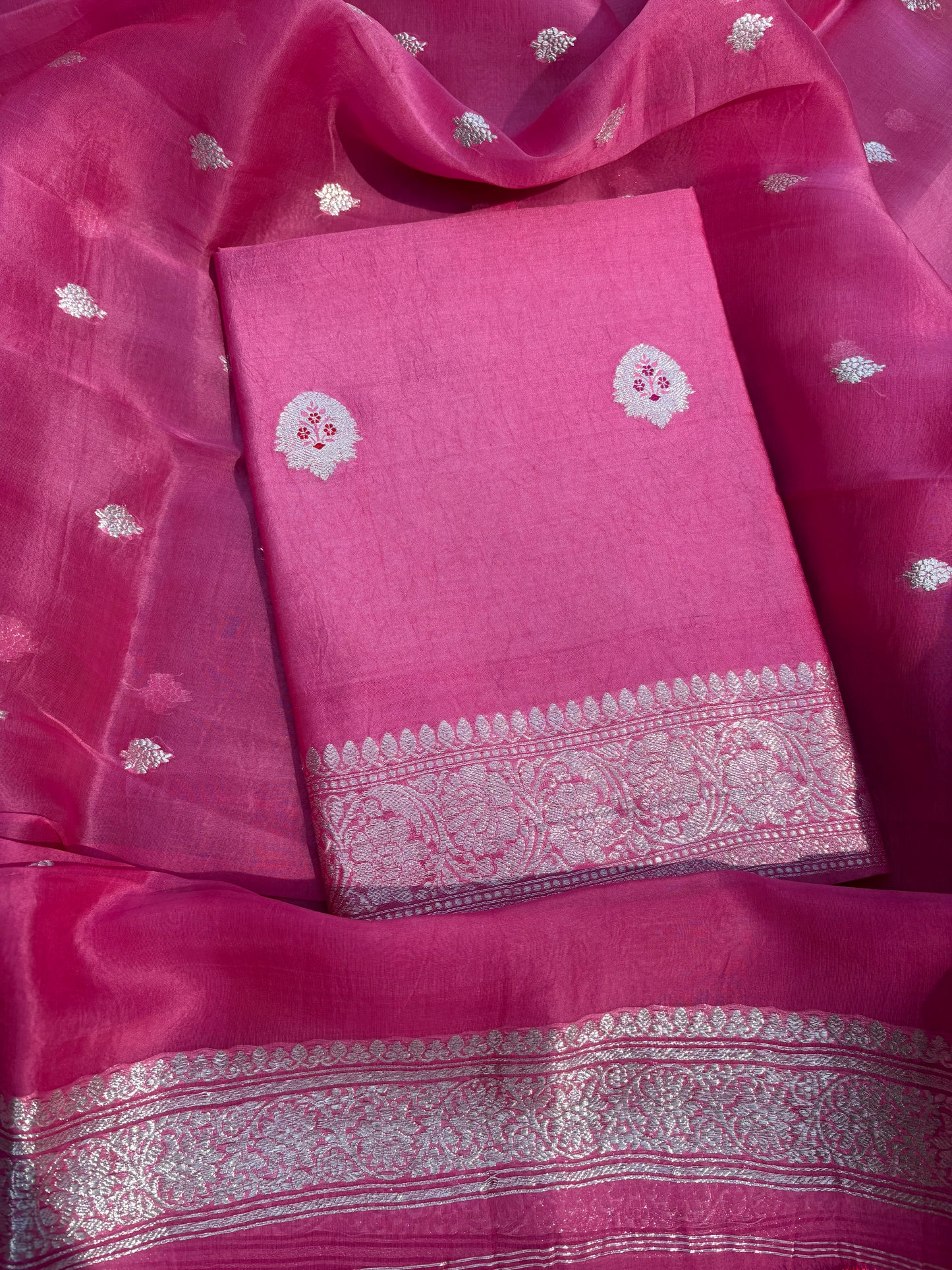 Pink Chiniya silver zari kurta, kora silk dupatta, plain bottom