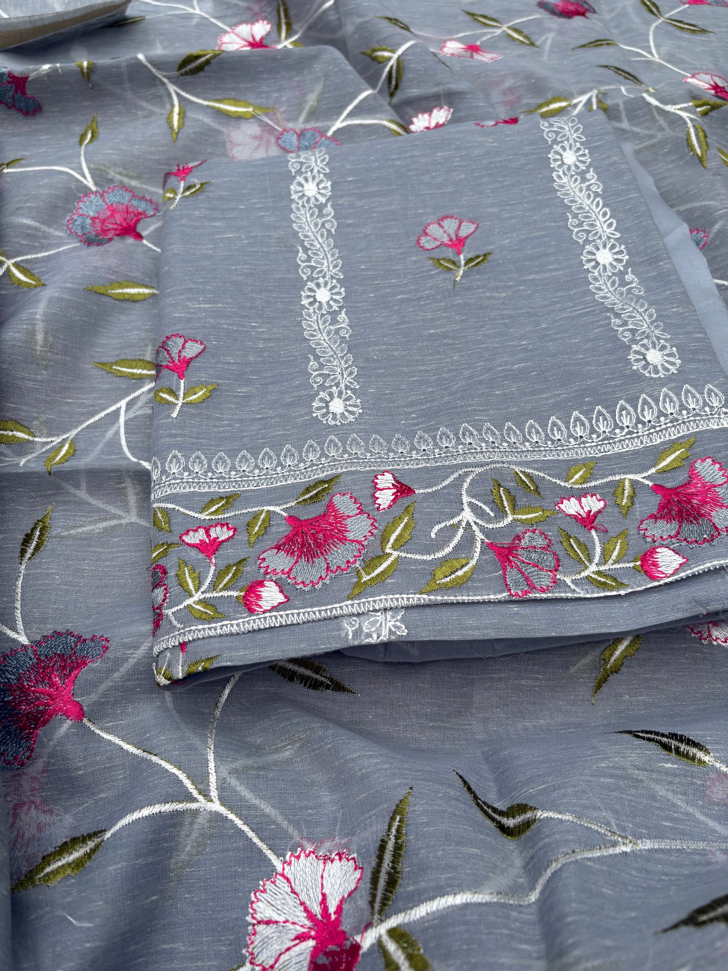 Grey linen cotton embroidered 3 piece suit set