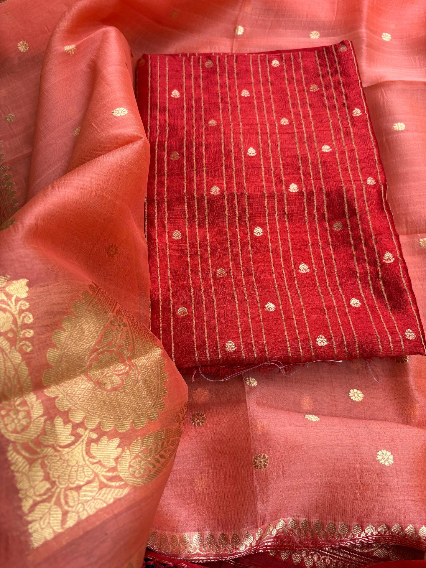 Red raw silk kurta, bottom and kora silk shaded dupatta