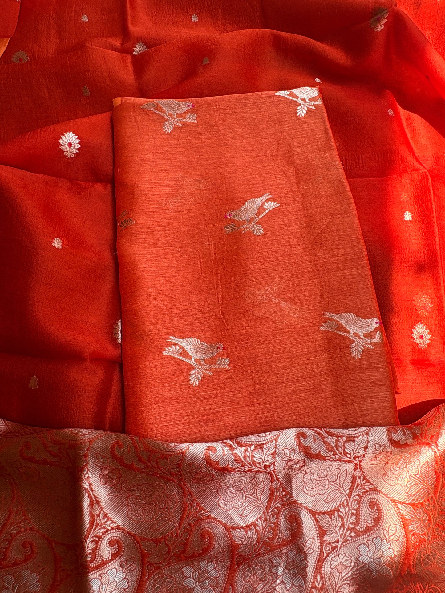 Orange linen silk kurta, bottom , kora silk dupatta