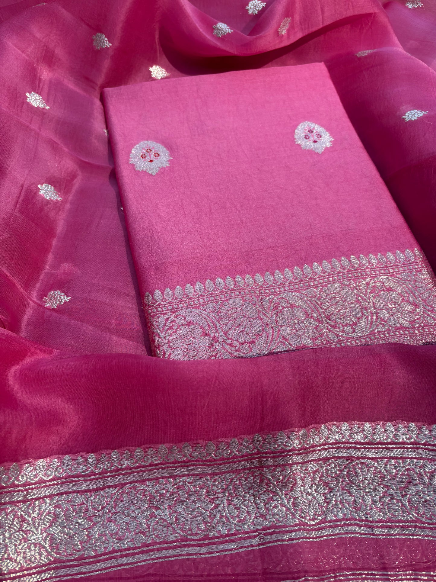 Pink Chiniya silver zari kurta, kora silk dupatta, plain bottom
