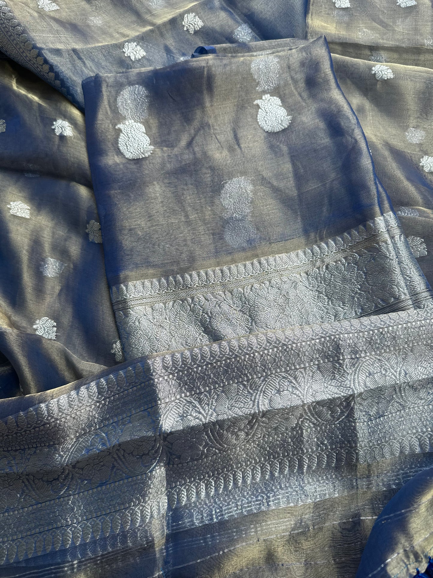 Blue pure silver zari kadhwa tissue 3 piece suit