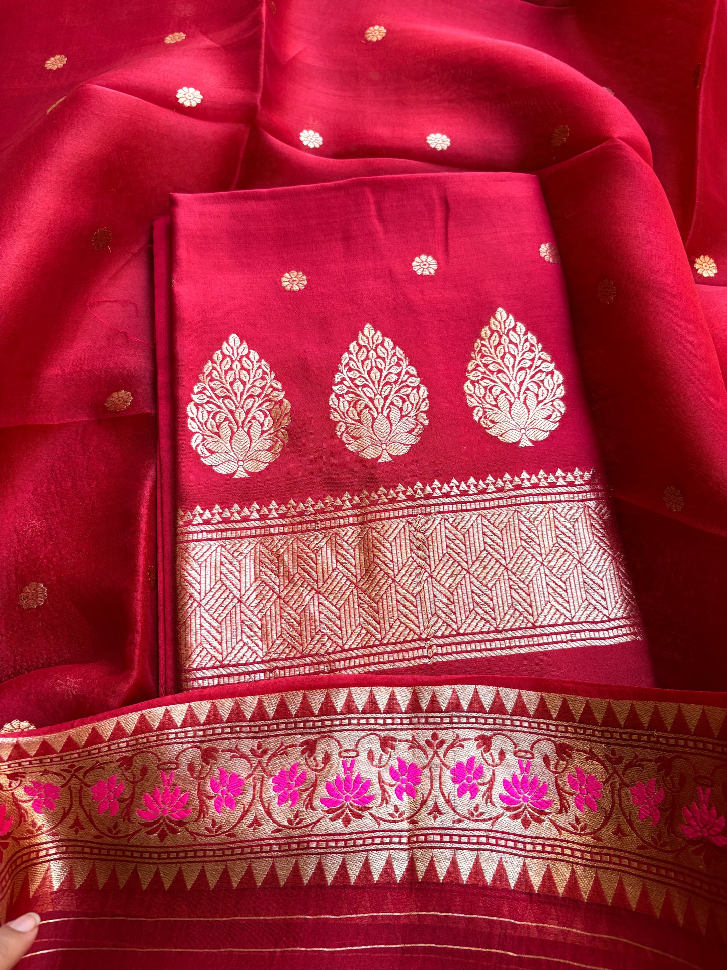 Red Chiniya silk kora paithani border suit set