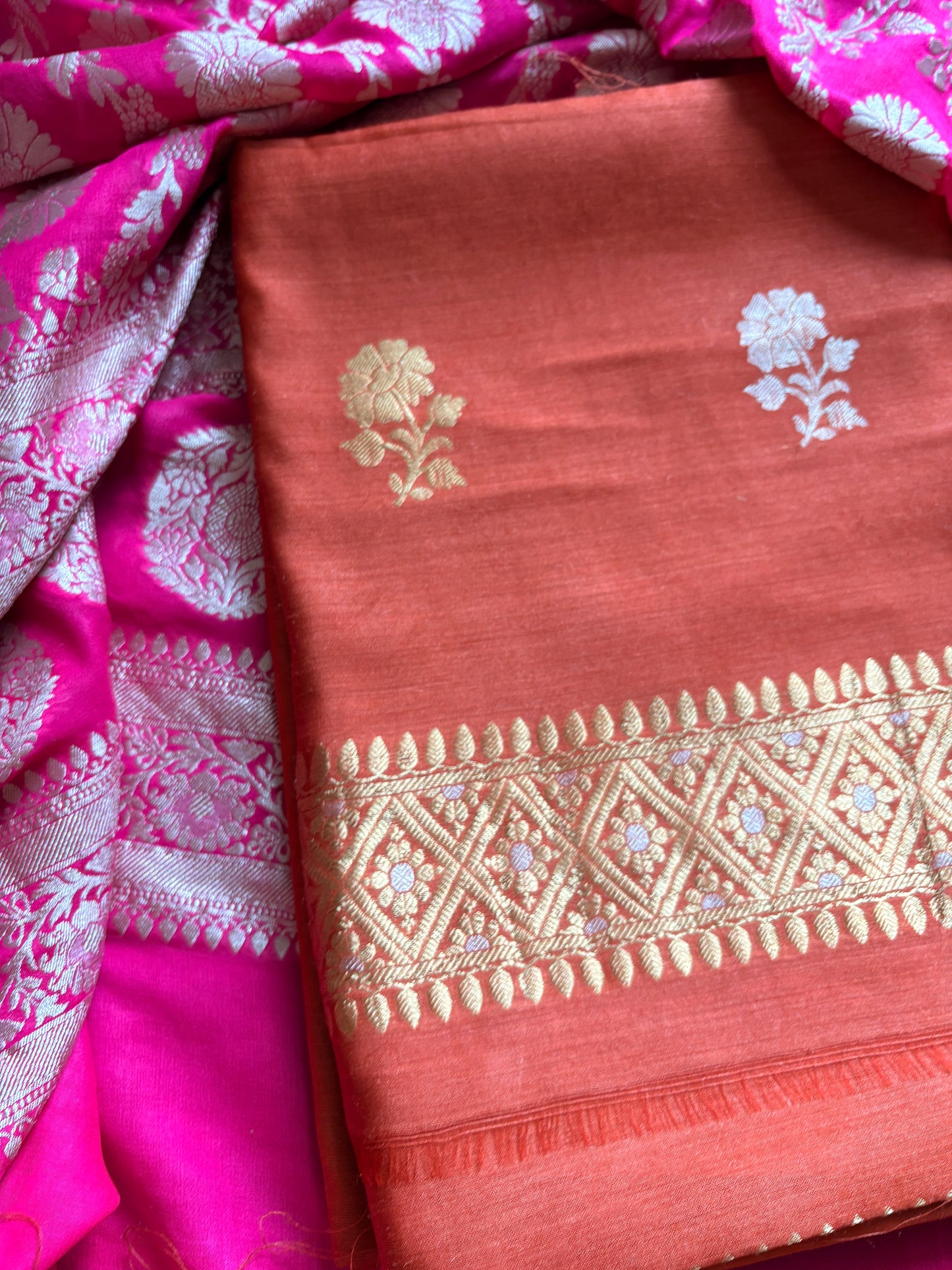 Rust moonga silk kurta, bottom and Khaddi georgette dupatta