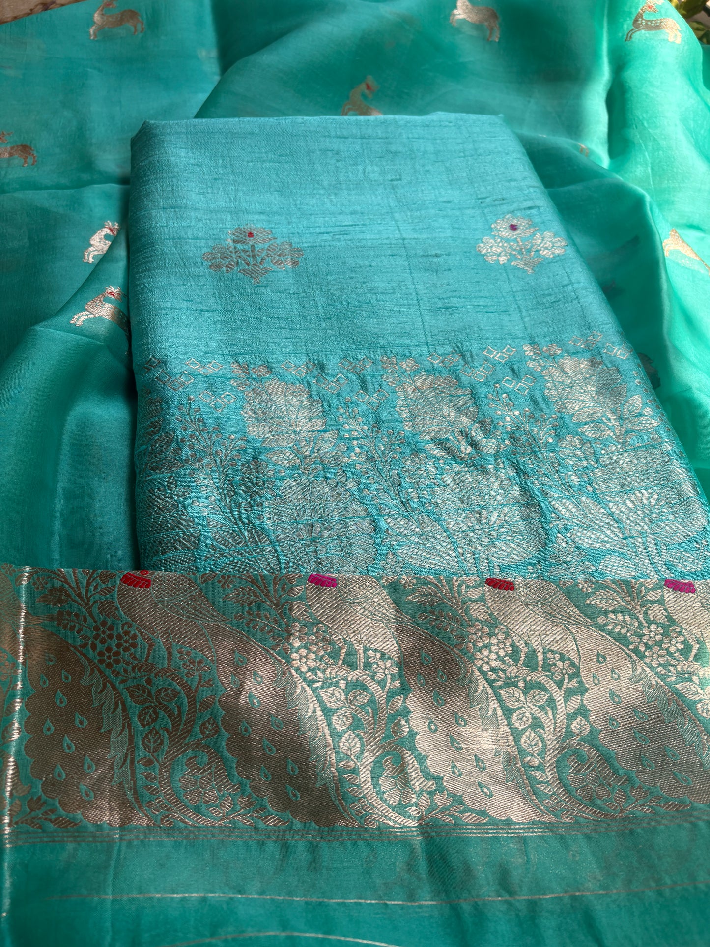 Blue raw silk Kurta, bottom , Kora silk deer motif dupatta