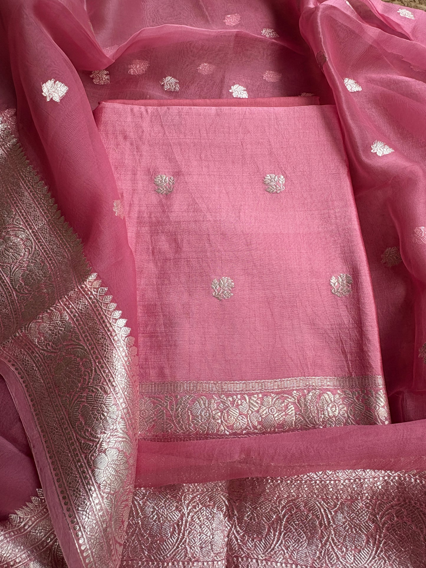 Pink silver zari Chiniya kora suit set