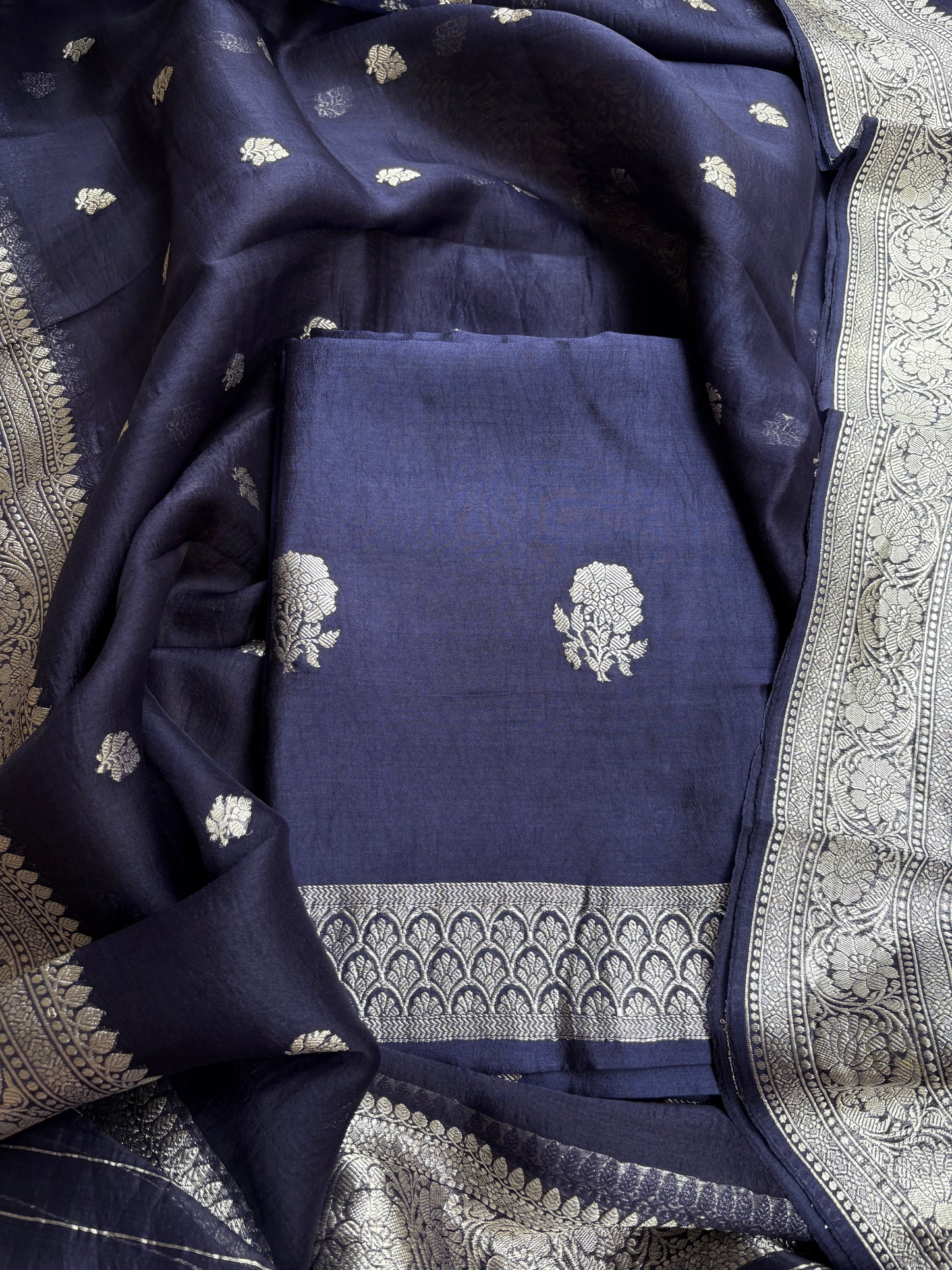 Blue Chiniya kora Chiniya silver zari suit set