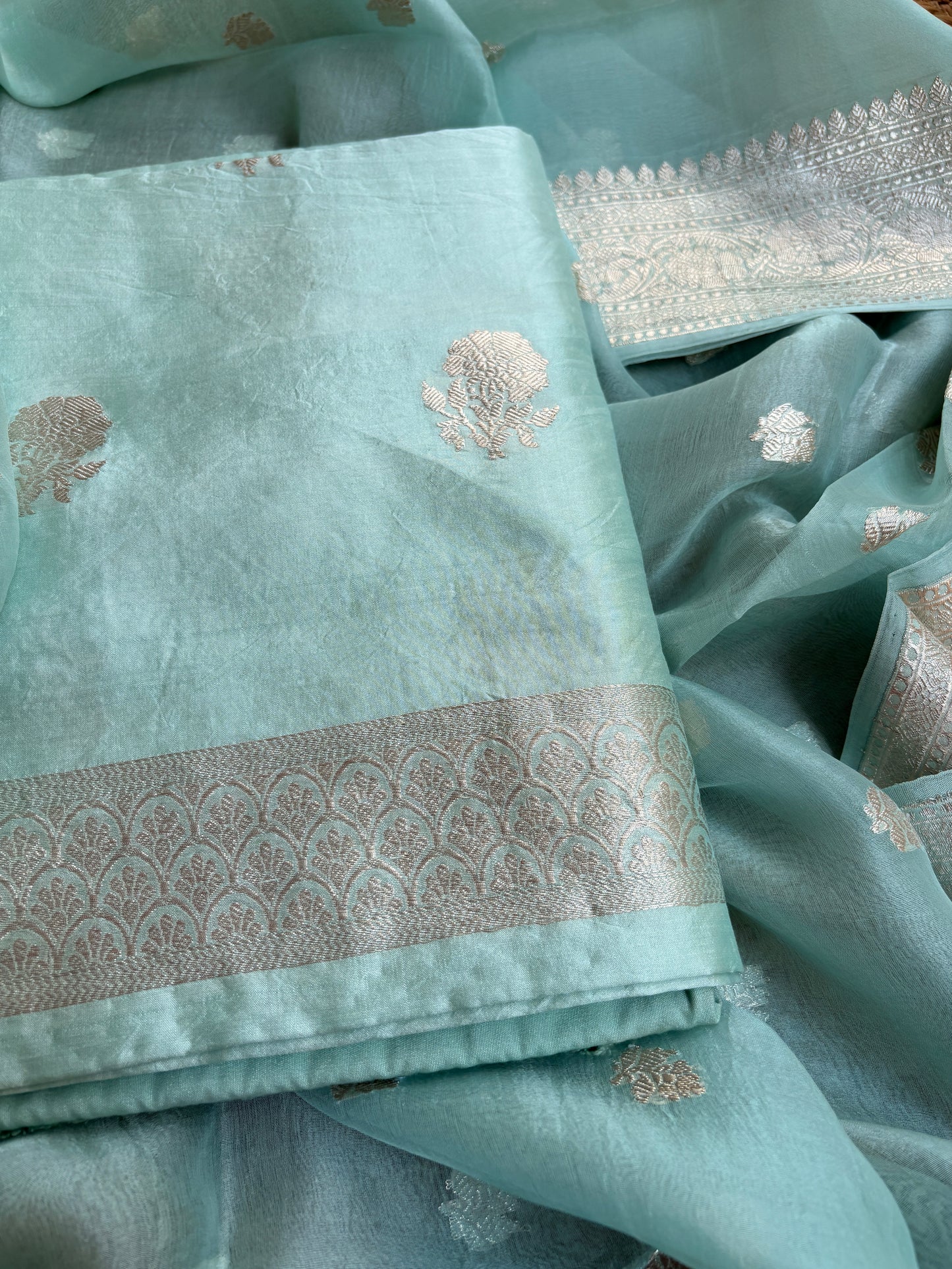 Blue silver zari Chiniya kora suit set