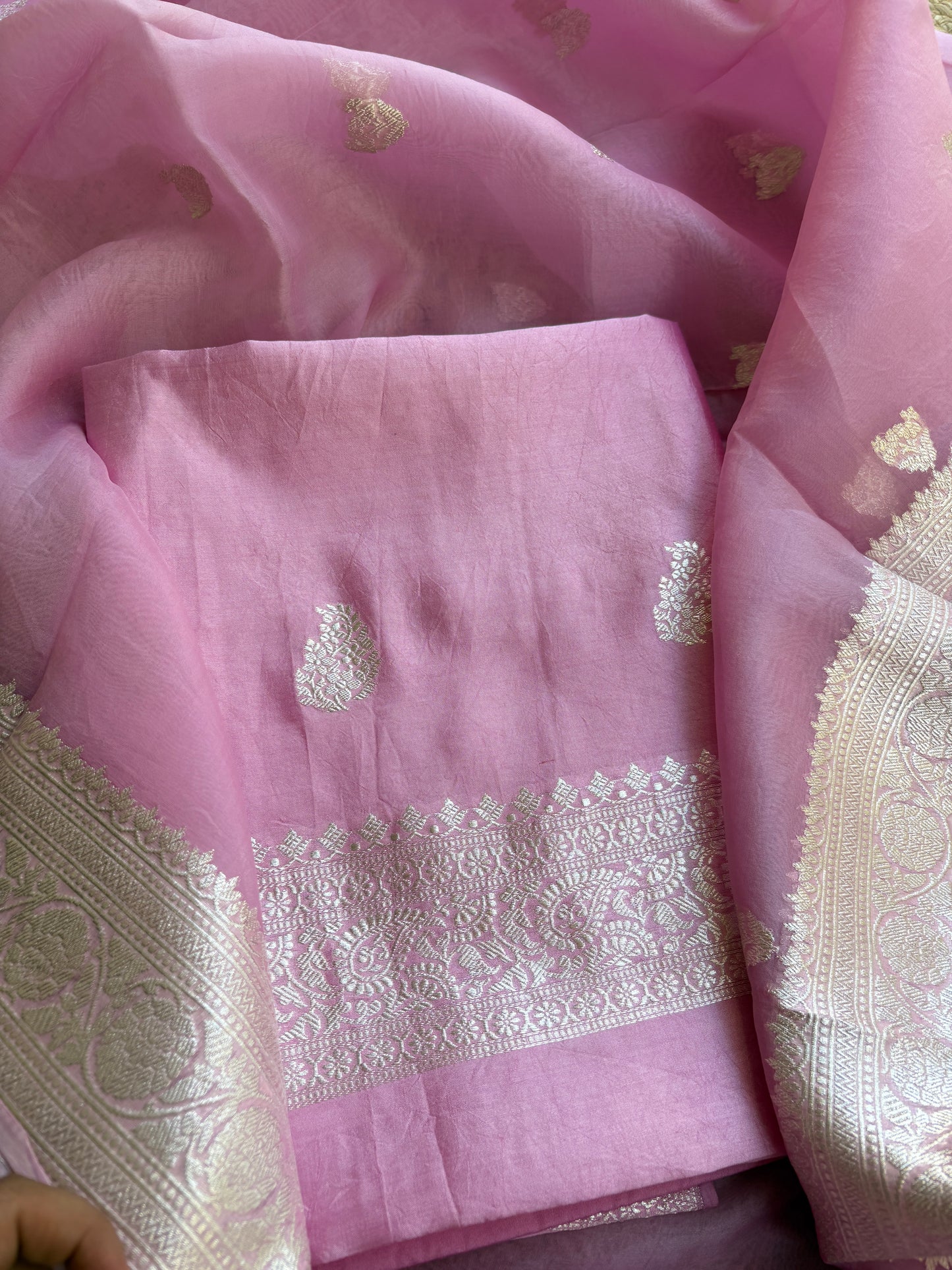 Pink Chiniya kora silver zari suit set