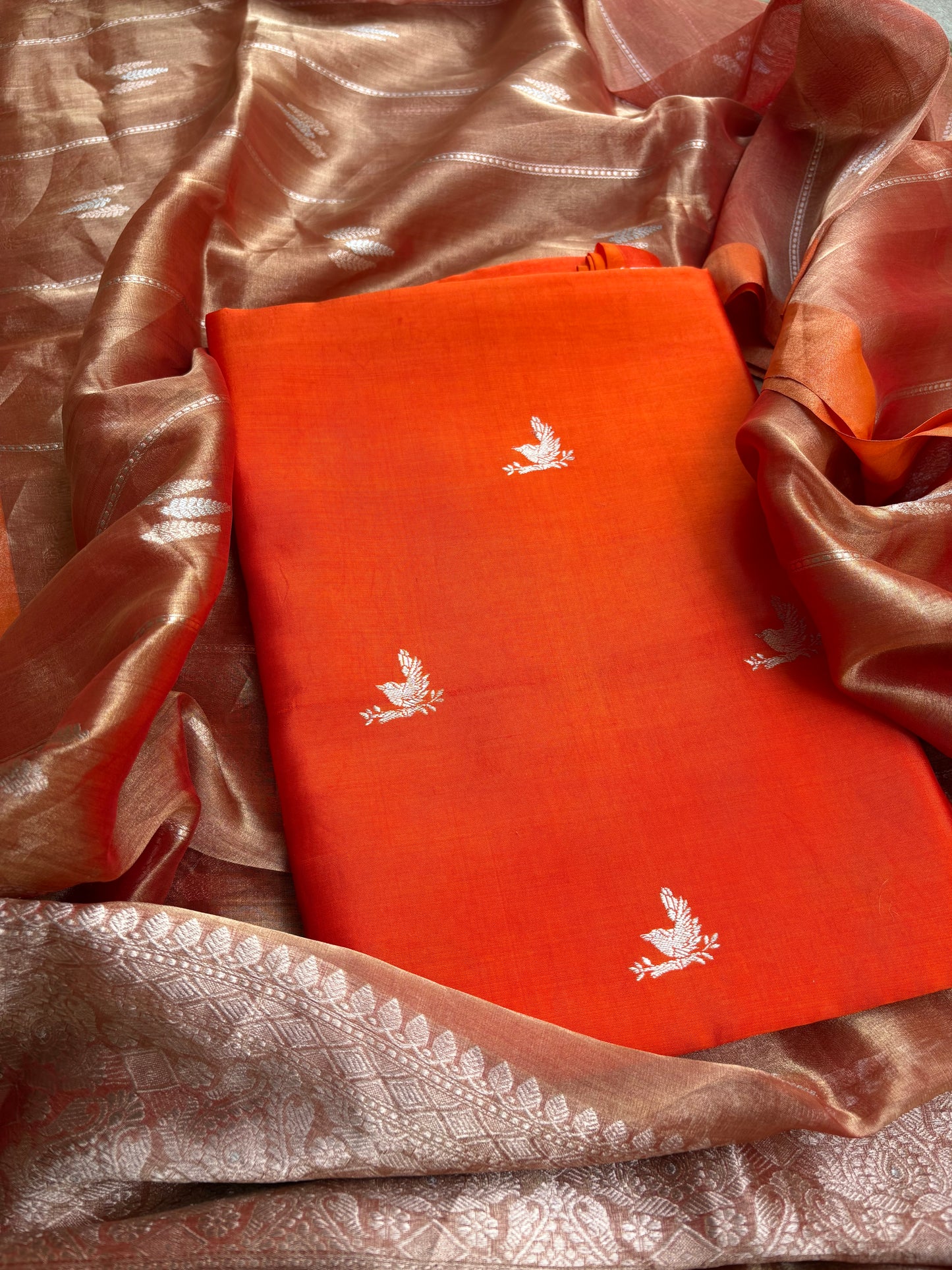 Orange raw artisan silk kurta, bottom, tissue kadhwa dupatta