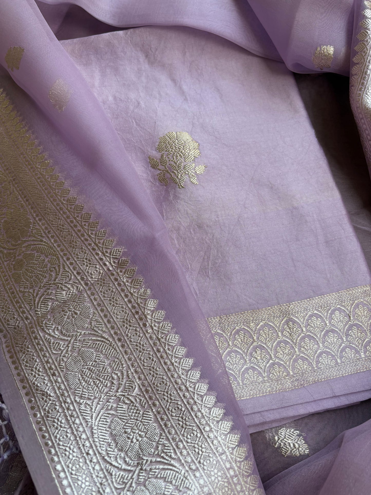 Lavender pure silver zari kurta, kora dupatta,plain bottom.