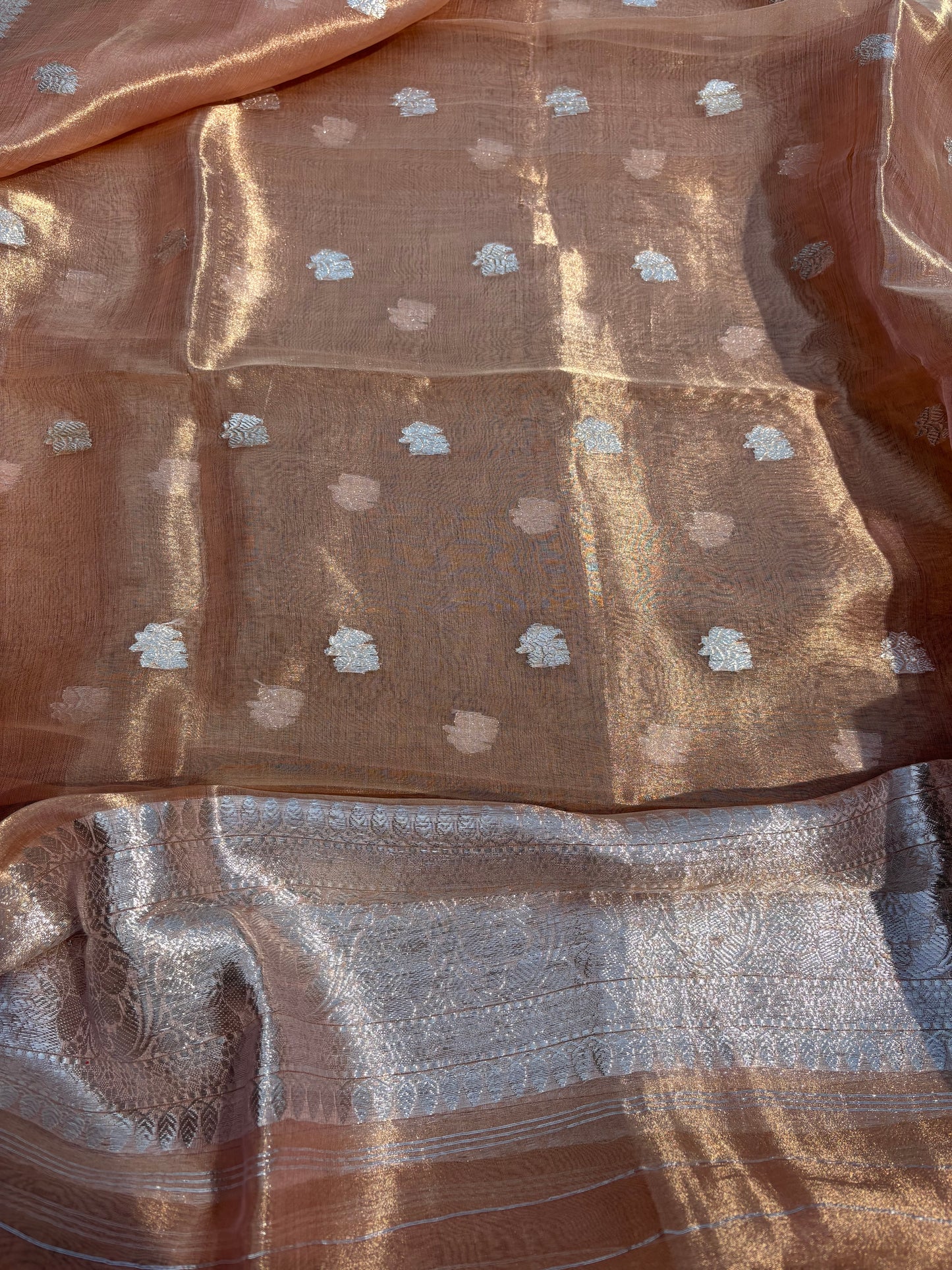 Pink peach silver zari tissue 3 piece suit set
