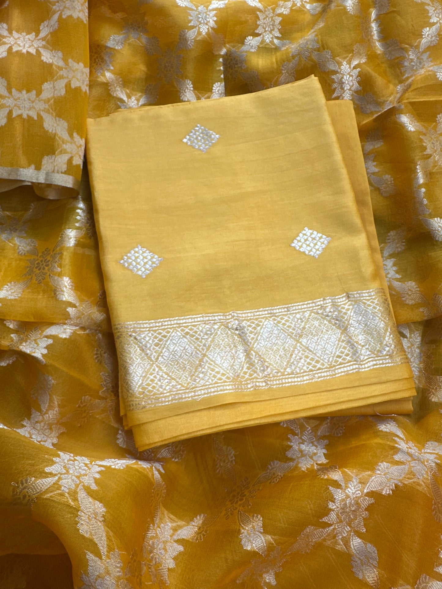 Yellow chiniya silk kadhwa weave , kora silk dupatta, plain silk bottom