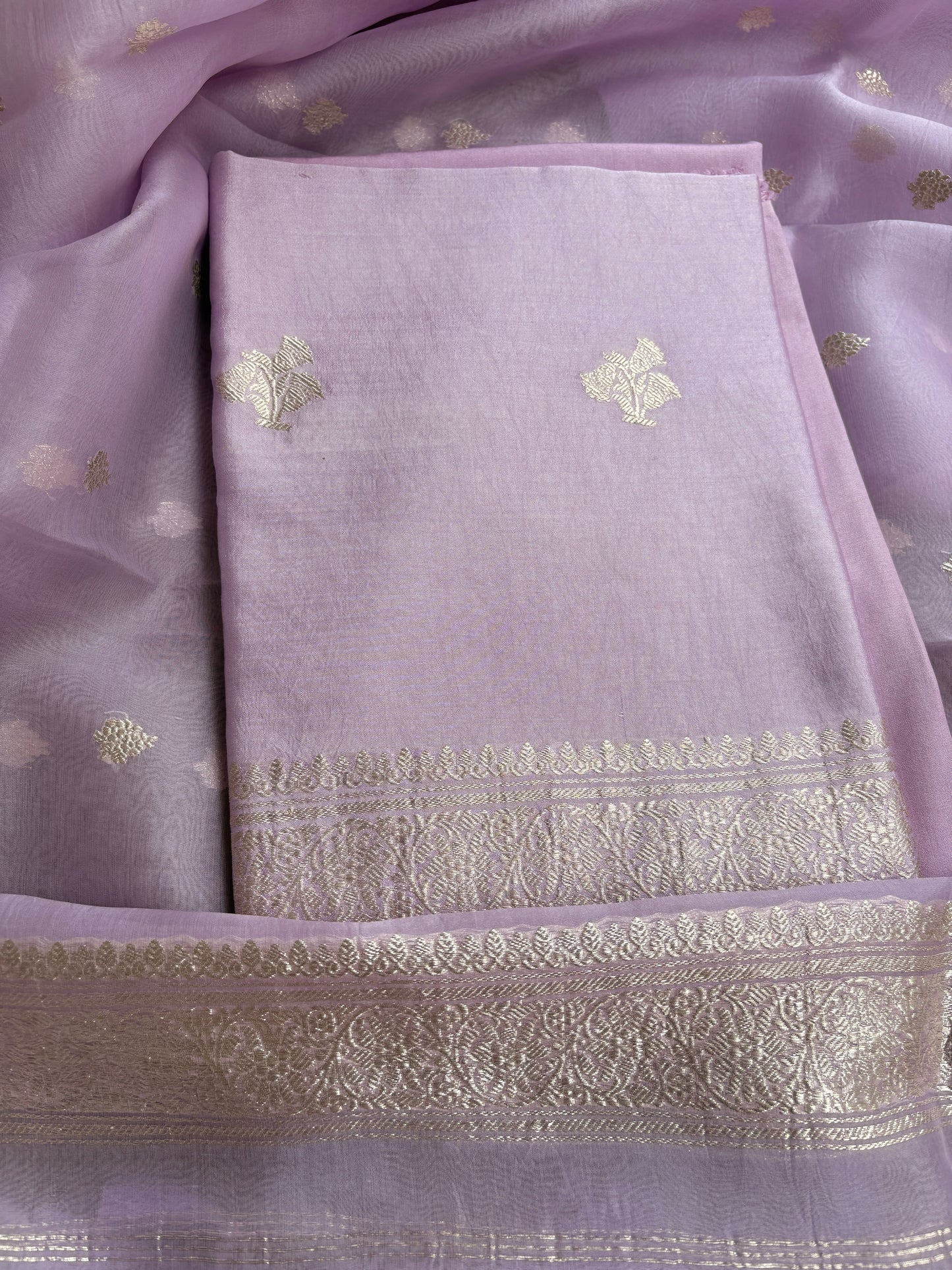 Lavender Chiniya silk silver zari 3 piece suit set