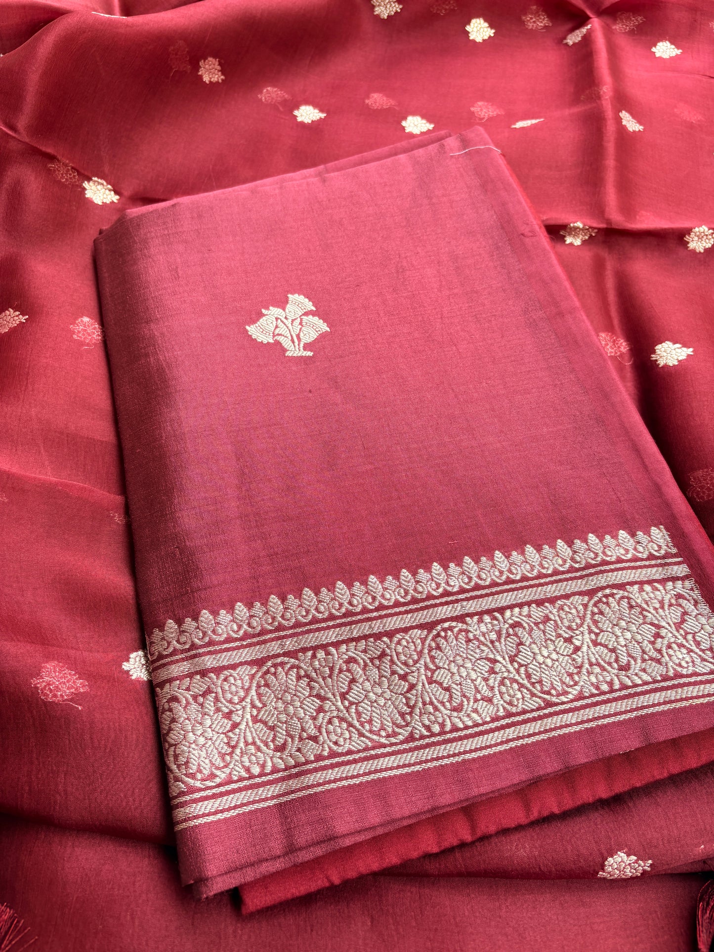 Maroon Chiniya Silk silver zari 3 piece suit set
