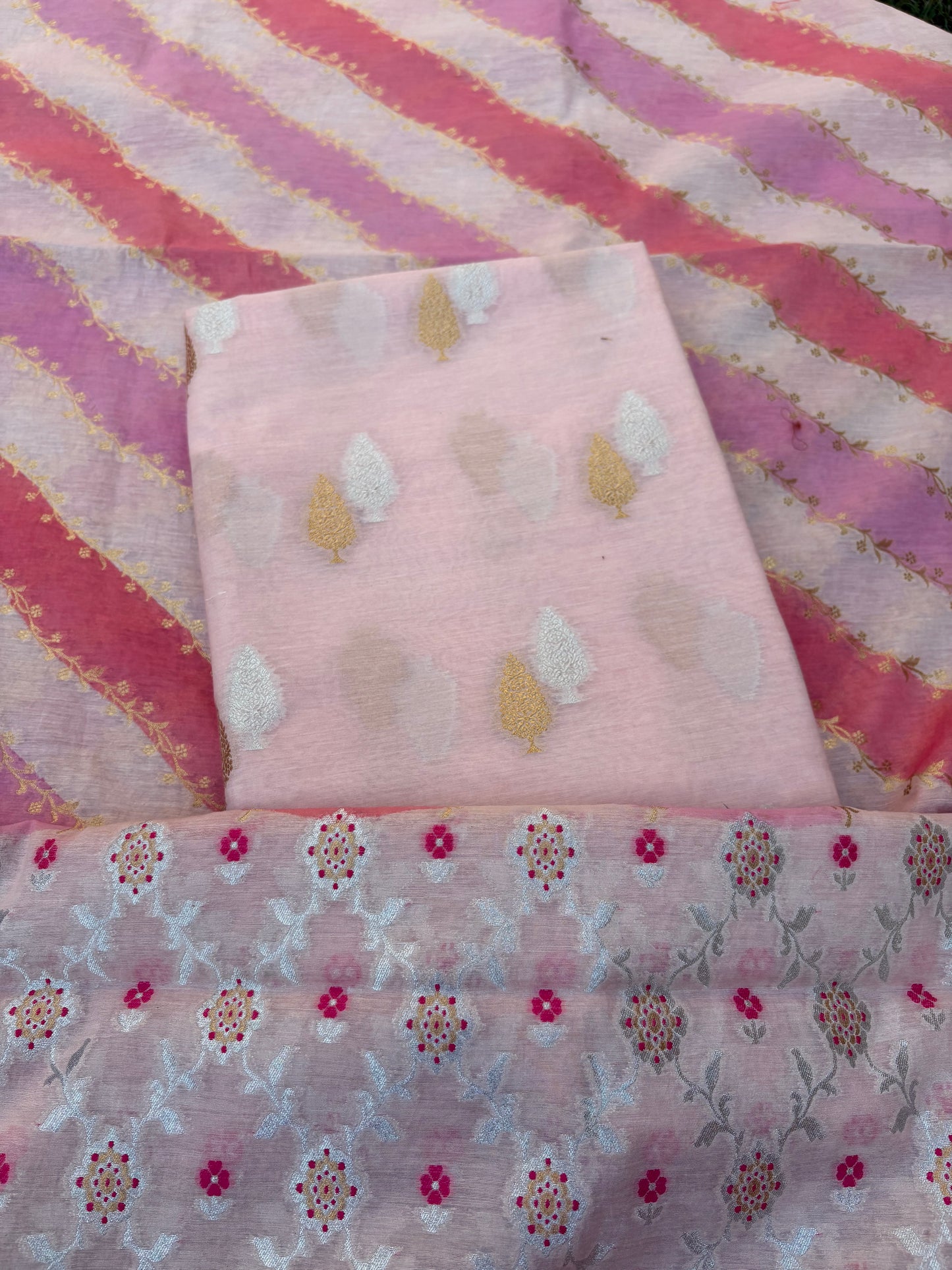 Pink Chanderi kurta, rangkat dupatta , plain bottom