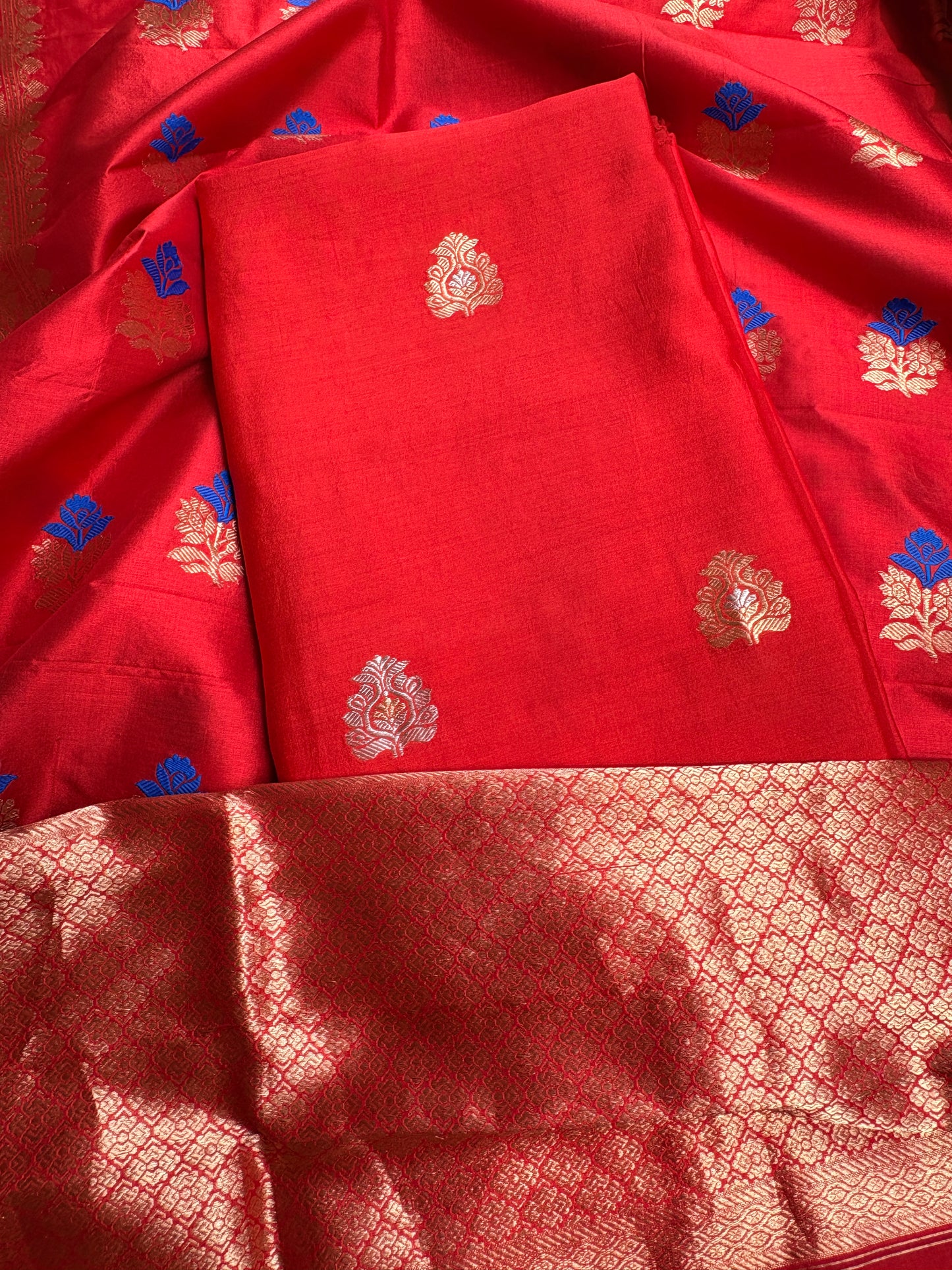 Red pure katan silk kadhwa suit set
