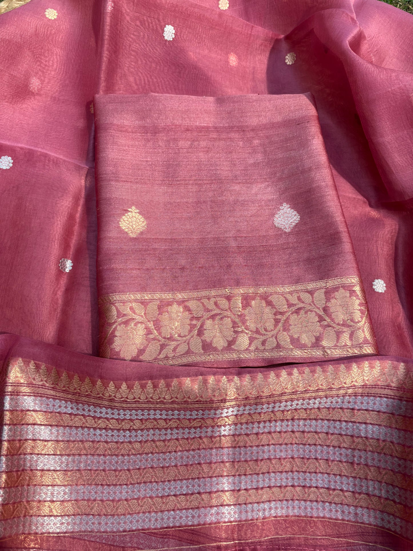 Pink tussar silk kurta, kora silk dupatta, plain silk bottom