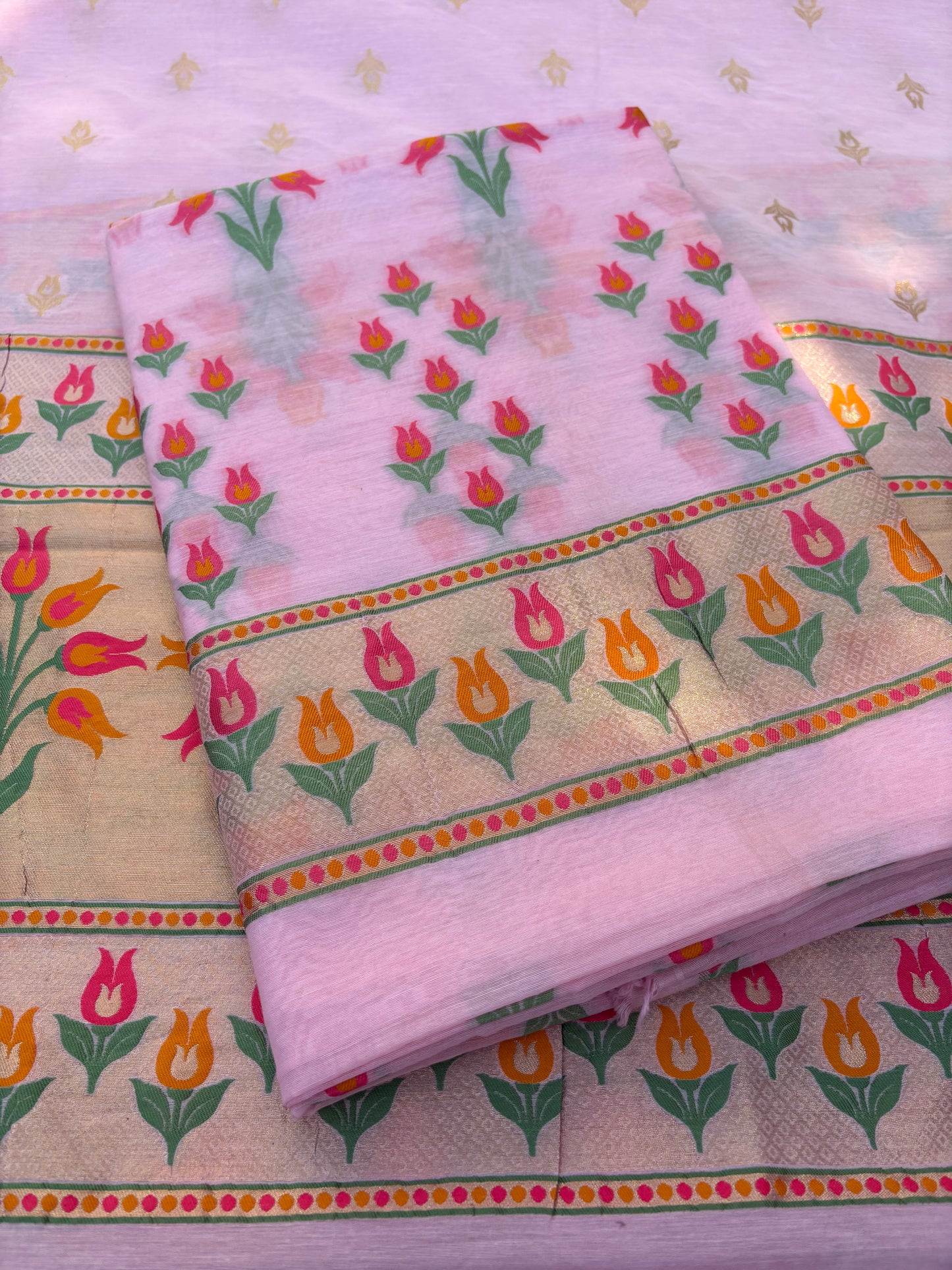 Pink meenadar flower design Chanderi cotton suit set