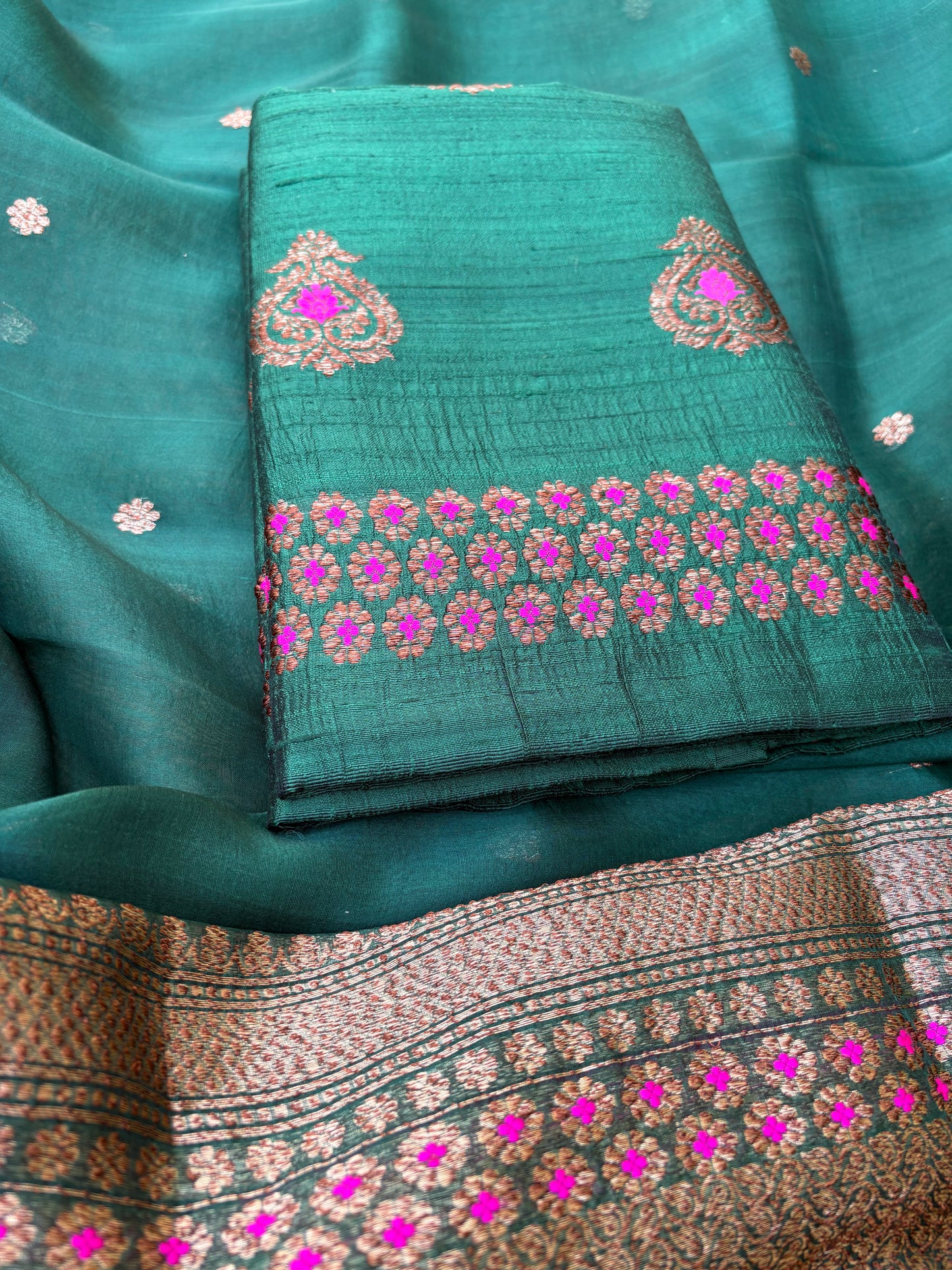 Green tusaar silk meenadar kurta, tussar bottom and plain kora silk dupatt