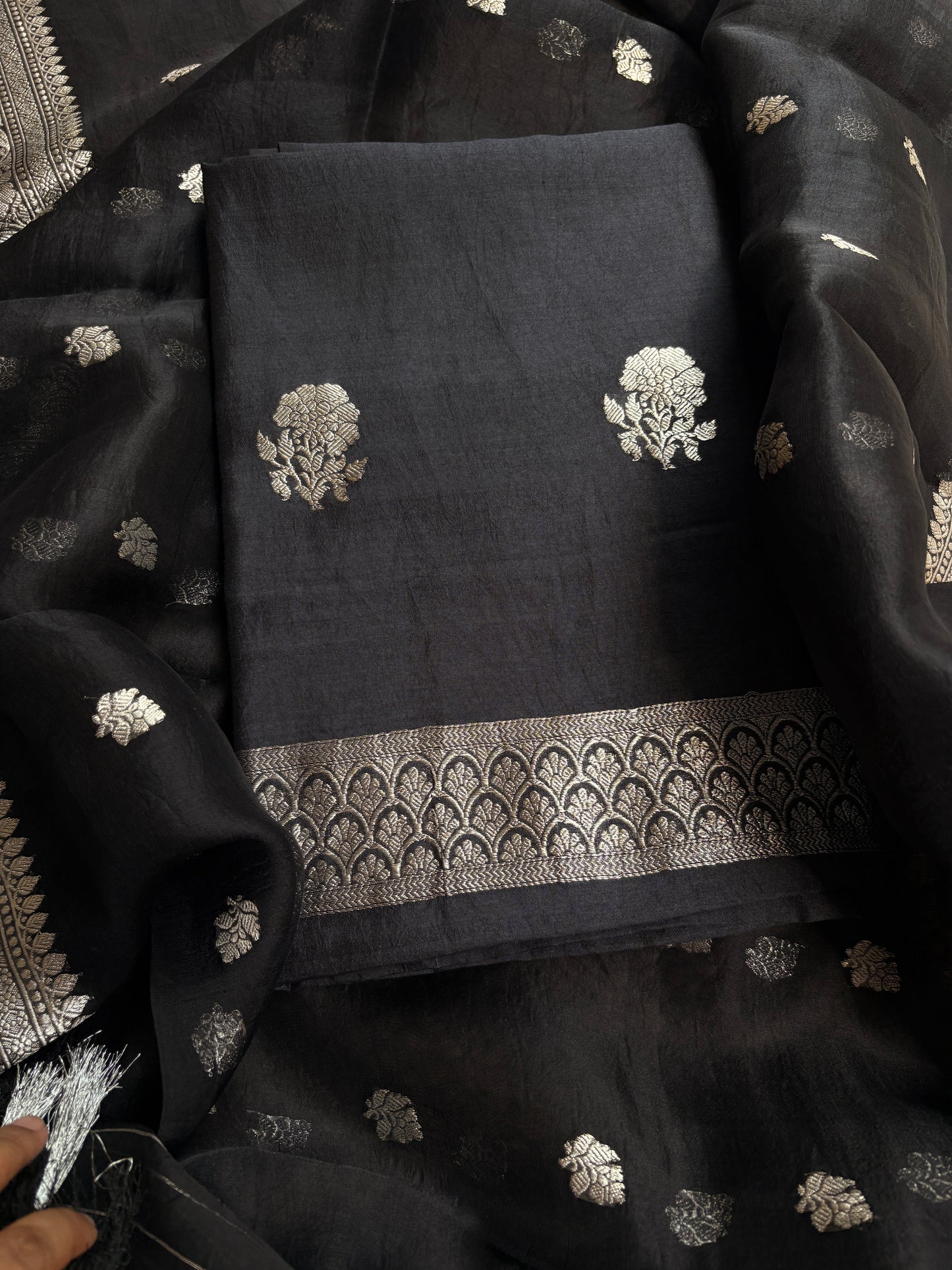 Black silver zari Chiniya silk suit set